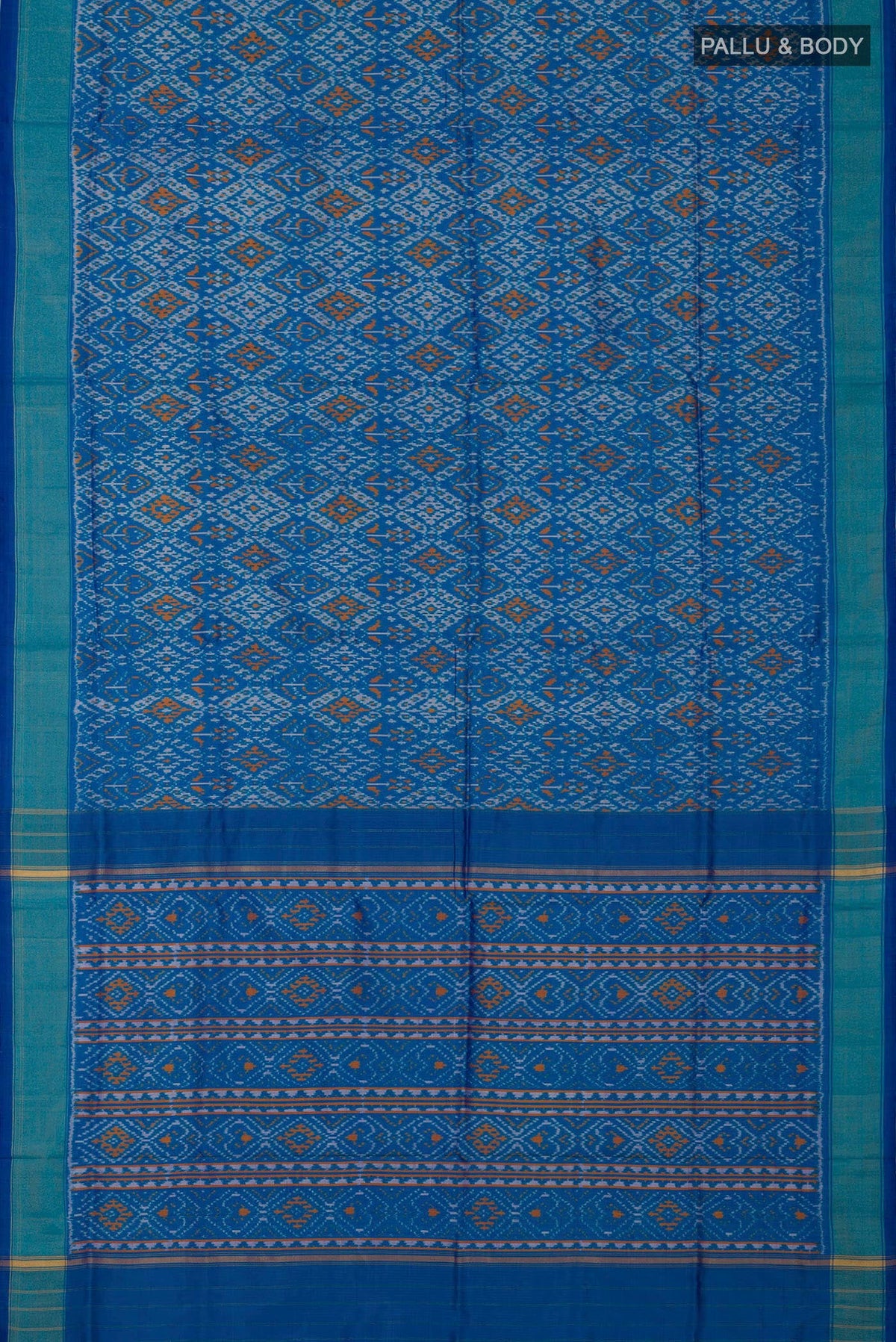 Flat view of Blue Pochampally Silk Saree with Ikat design on the body and Zari Border. 
