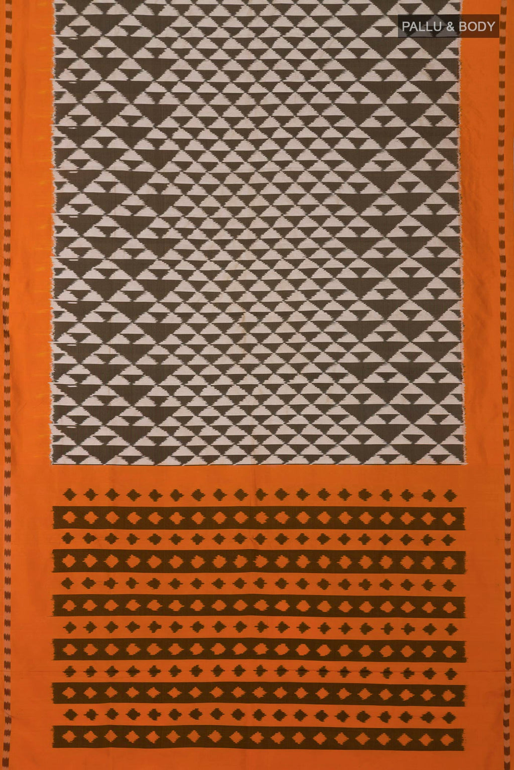 Flat view of Cream Pochampally Silk Saree with Ikat design on the body and Plain Border. 