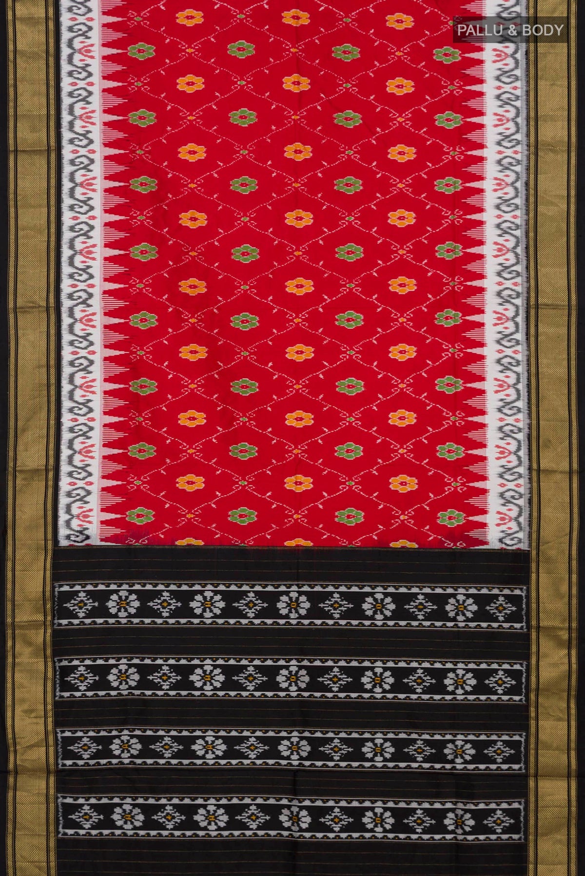 Flat view of Red Pochampally Silk Saree with Ikat design on the body and Zari Border. 