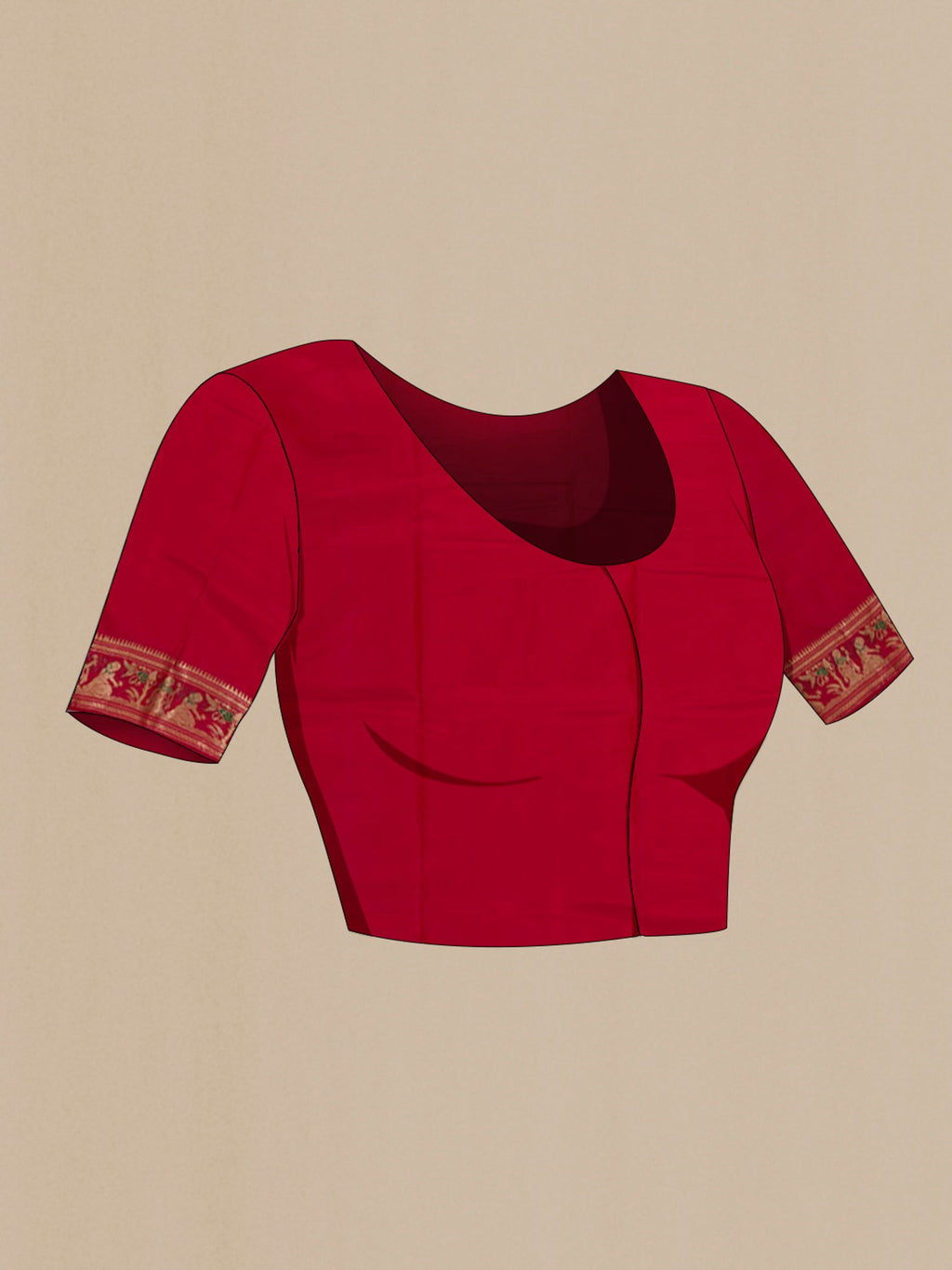 Close up image of the blouse of Red Baluchari Silk Saree with Zari And Thread Butta on the body and Zari Border. 