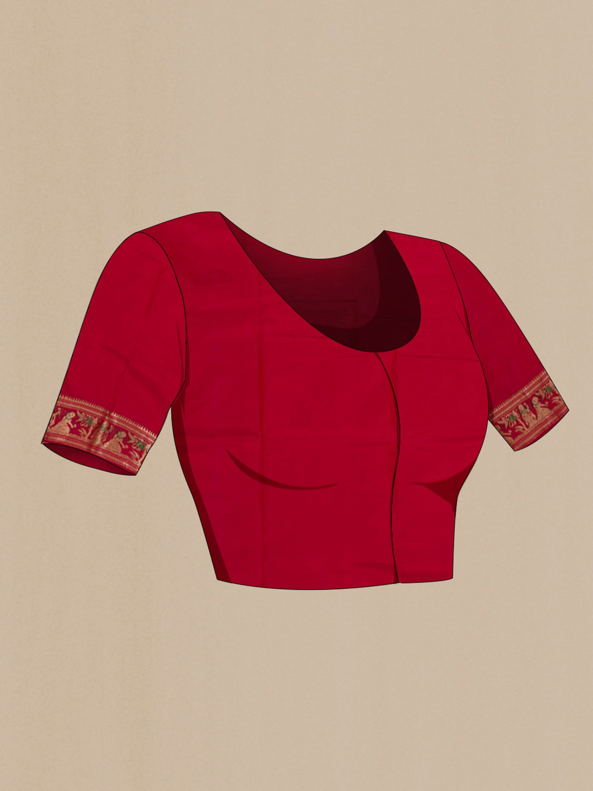 Close up image of the blouse of Red Baluchari Silk Saree with Zari And Thread Butta on the body and Zari Border. 