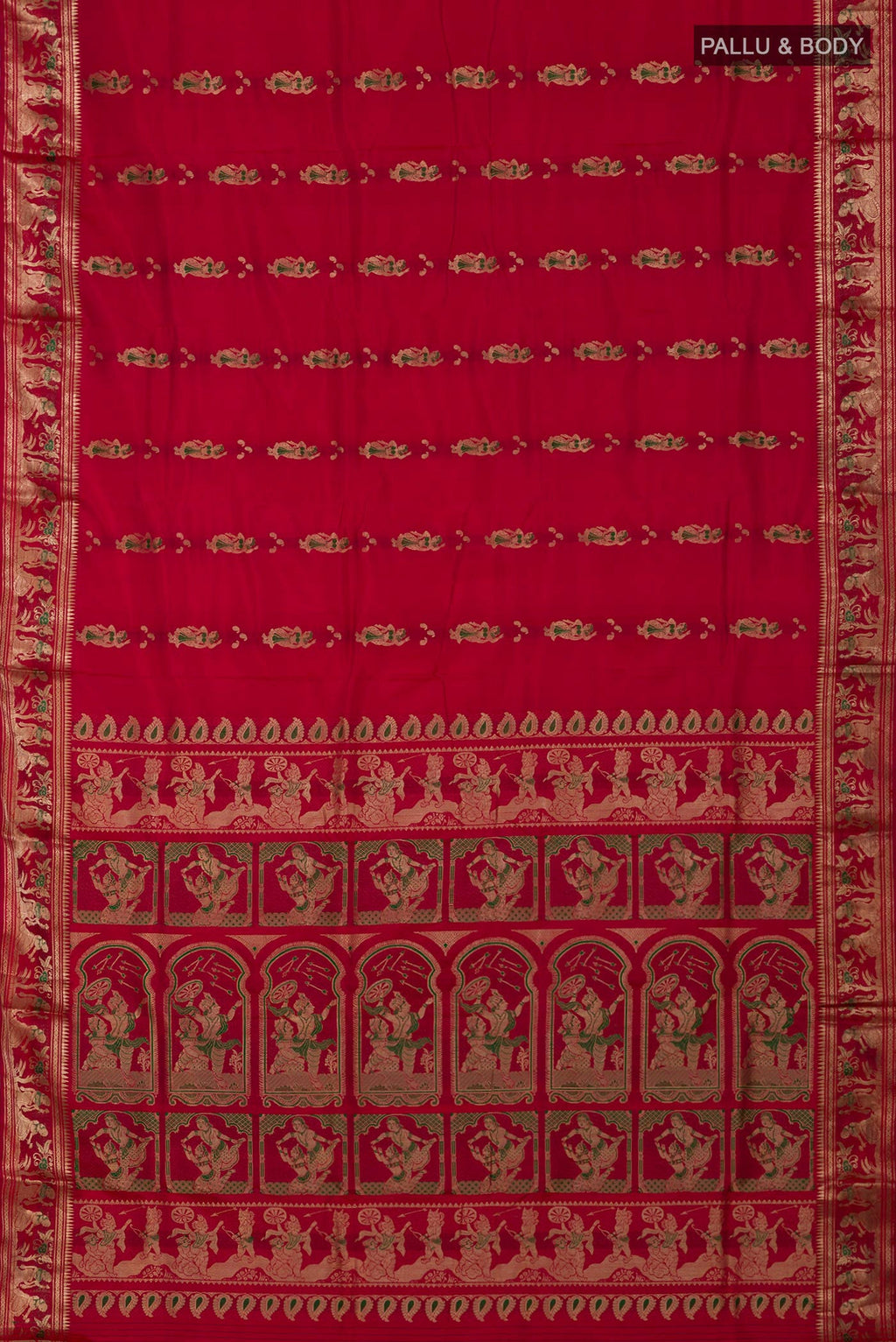 Flat view of Red Baluchari Silk Saree with Zari And Thread Butta on the body and Zari Border. 