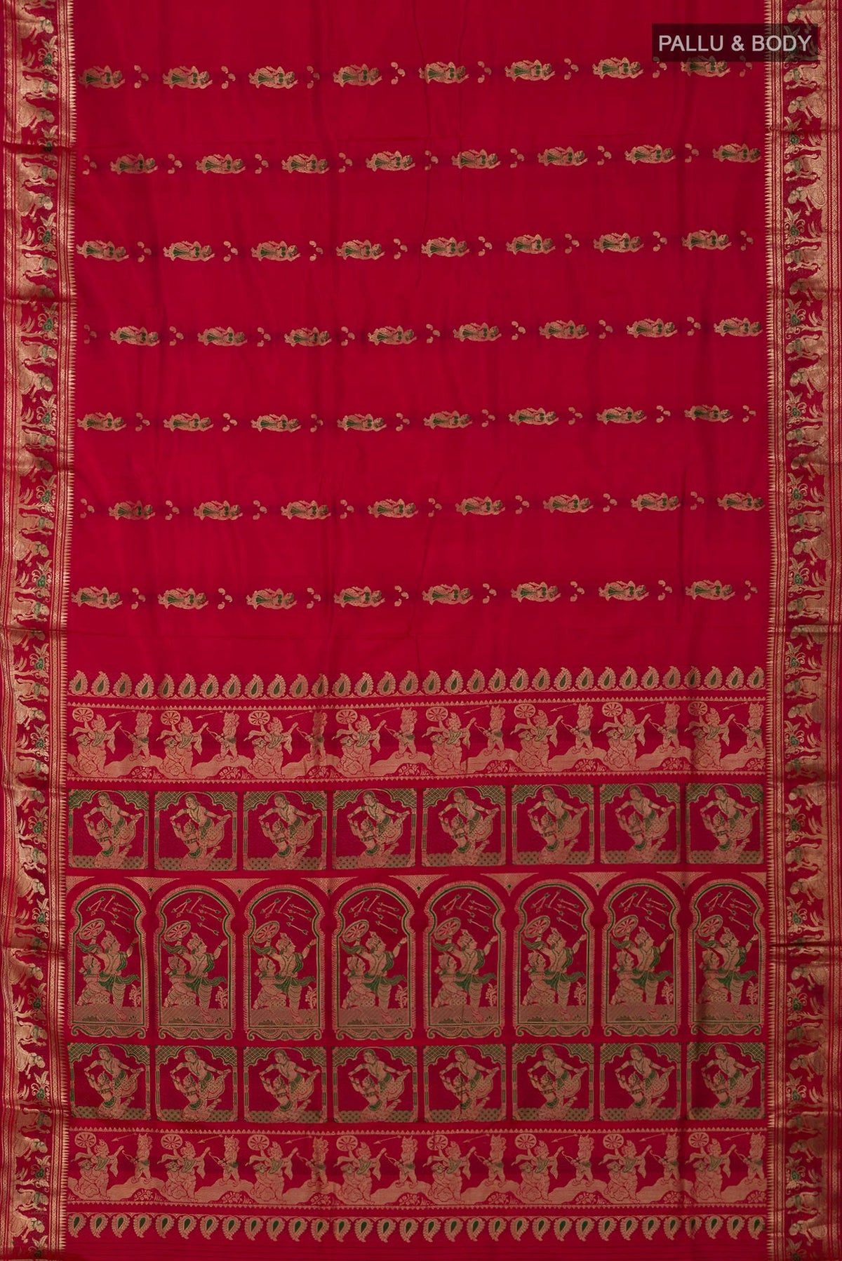 Flat view of Red Baluchari Silk Saree with Zari And Thread Butta on the body and Zari Border. 