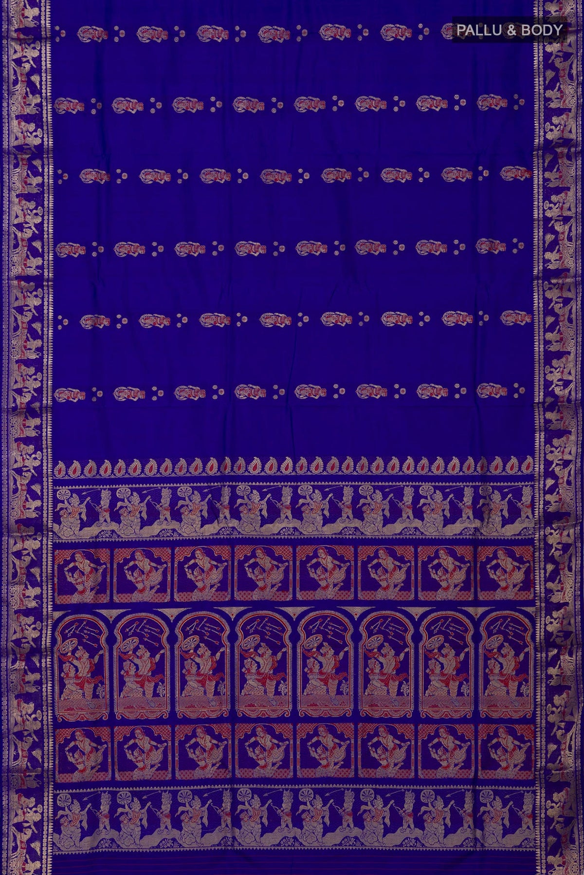 Flat view of Blue Baluchari Silk Saree with Zari And Thread Butta on the body and Zari Border. 