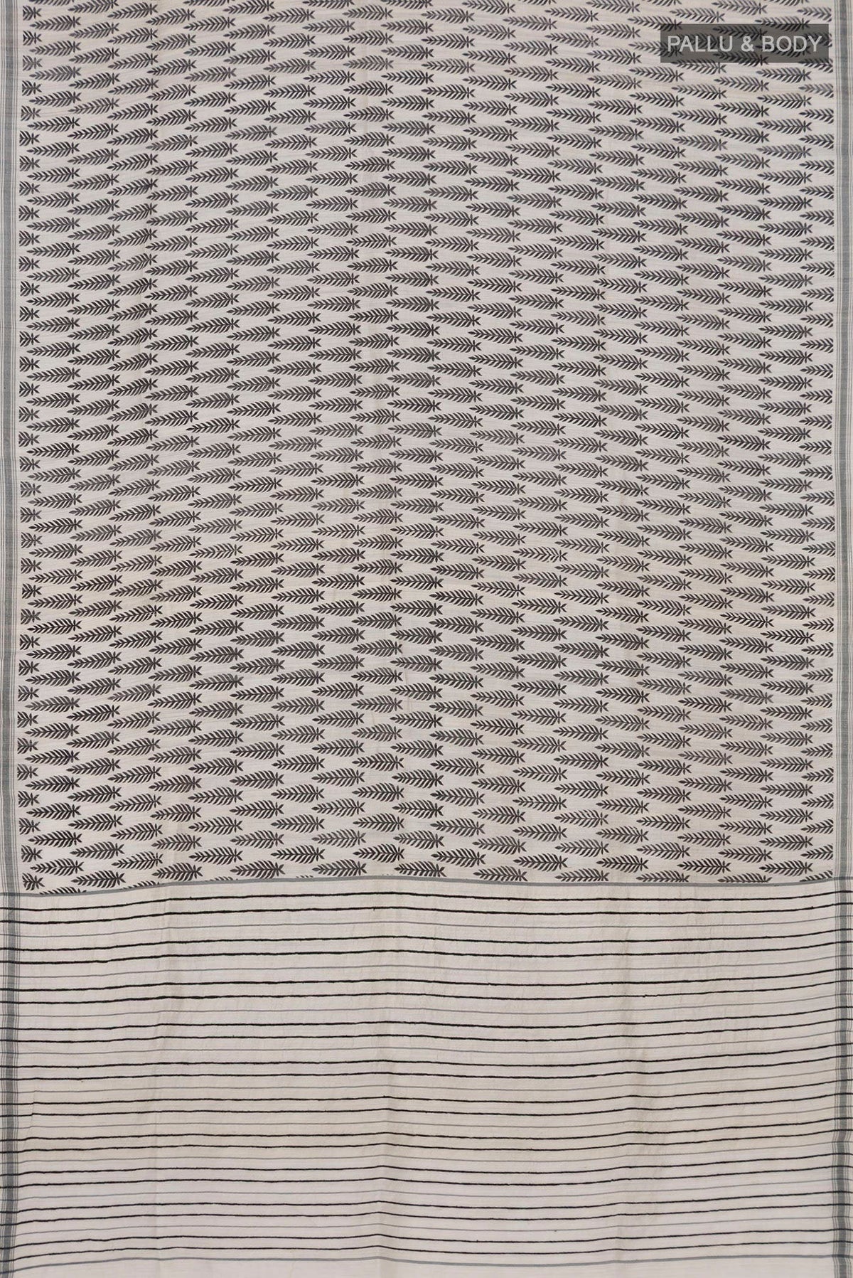 Flat view of White Tussar Silk Saree with Printed design on the body and Plain Border. 