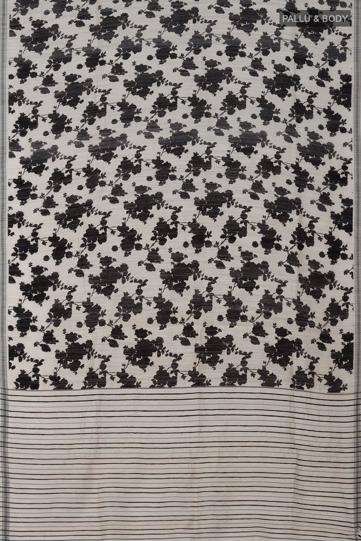 Flat view of Cream Tussar Silk Saree with Floral Print on the body and Plain Border. 