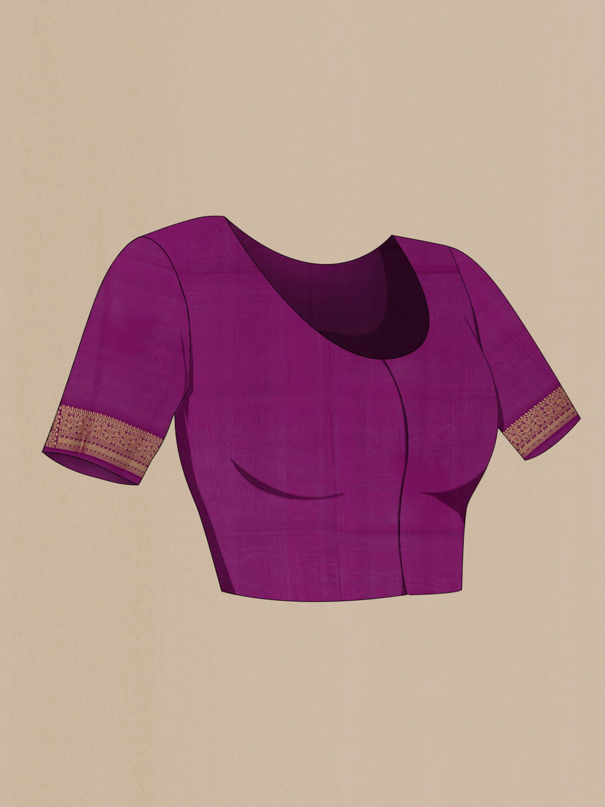 Close up image of the blouse of Magenta Banarasi Saree with Fancy on the body and Fancy Border. 