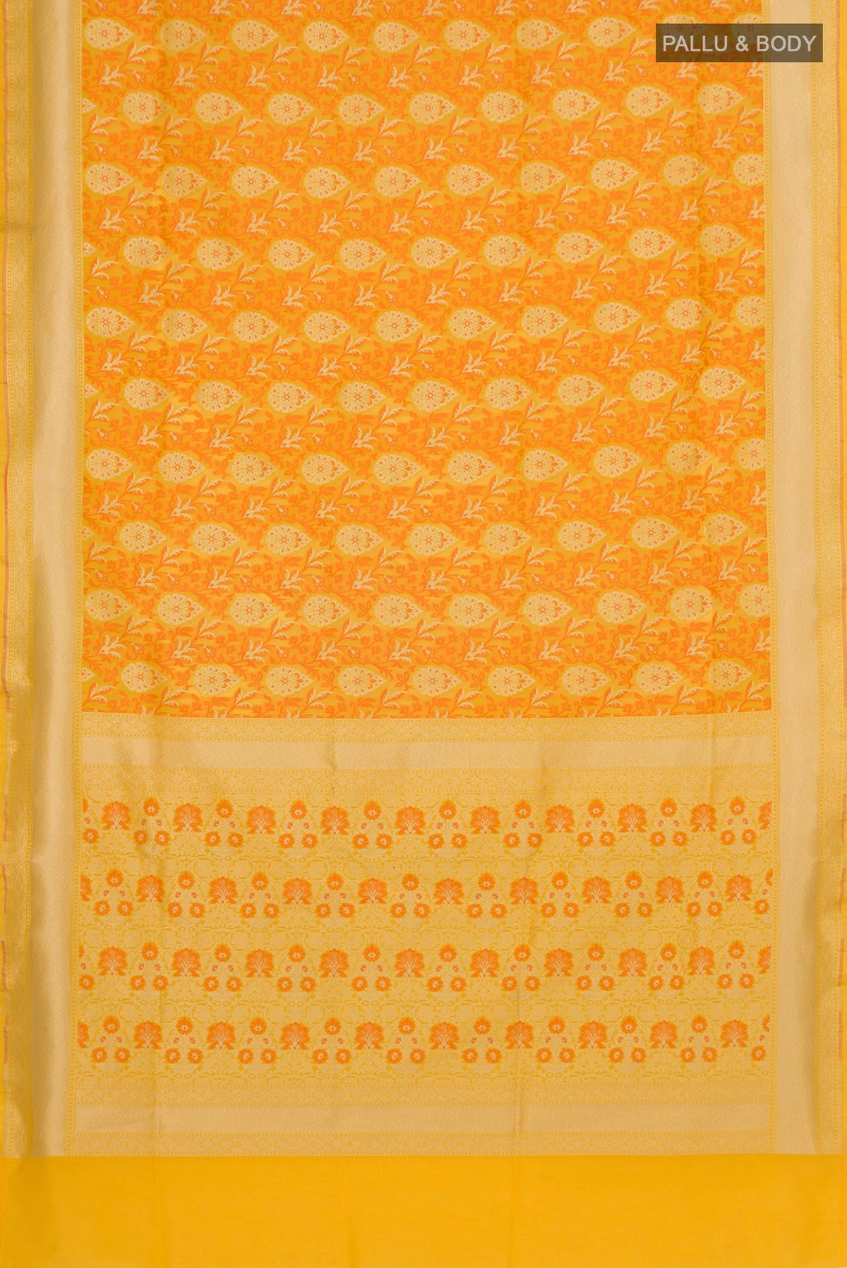 Flat view of Yellow Banarasi Silk Saree with Zari And Thread Butta on the body and Zari Border. 
