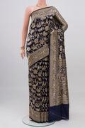 Navy Blue Banarasi Saree with Zari Brocade on the body and Fancy Border.  displayed on a mannequin