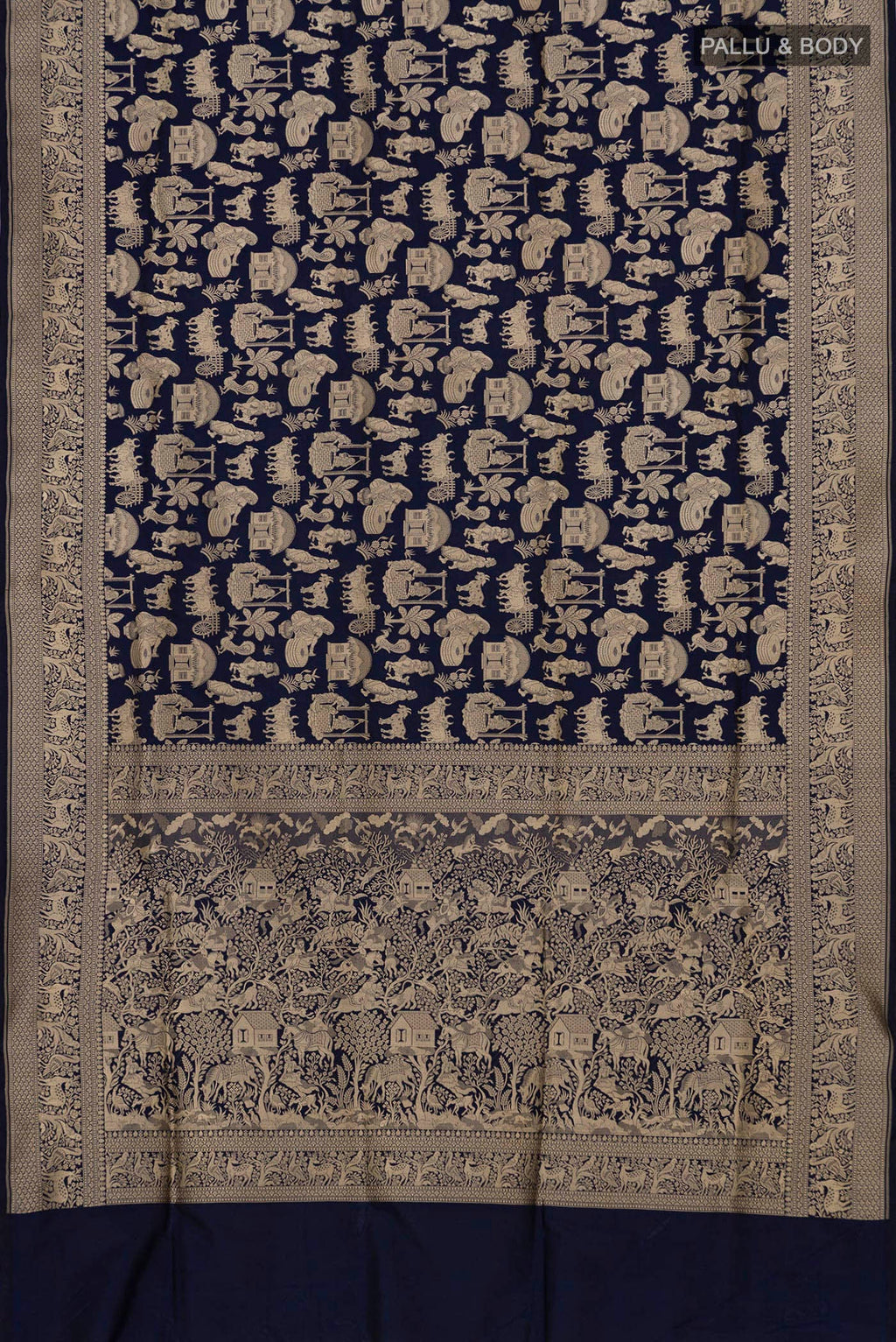 Flat view of Navy Blue Banarasi Saree with Zari Brocade on the body and Fancy Border. 