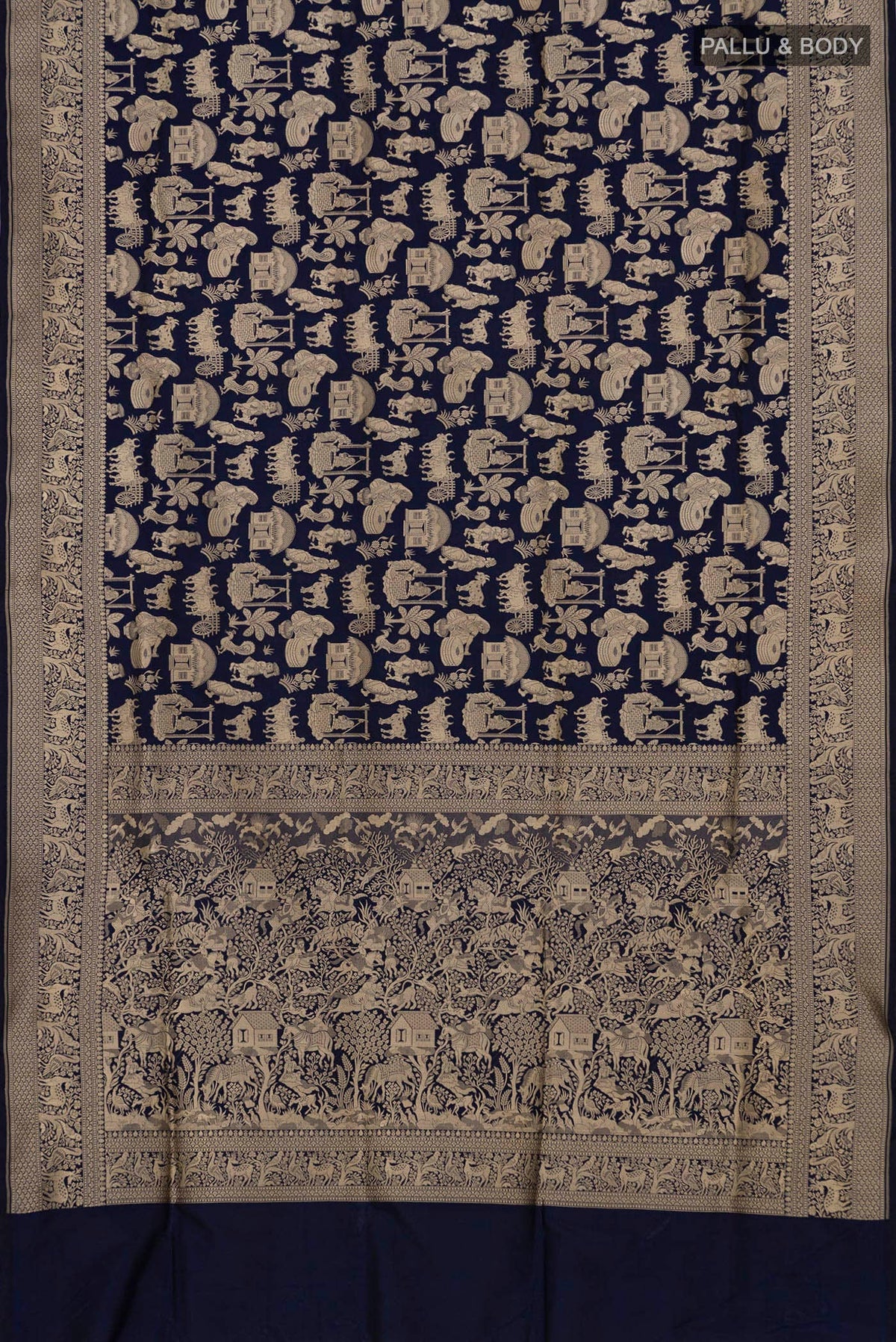 Flat view of Navy Blue Banarasi Saree with Zari Brocade on the body and Fancy Border. 