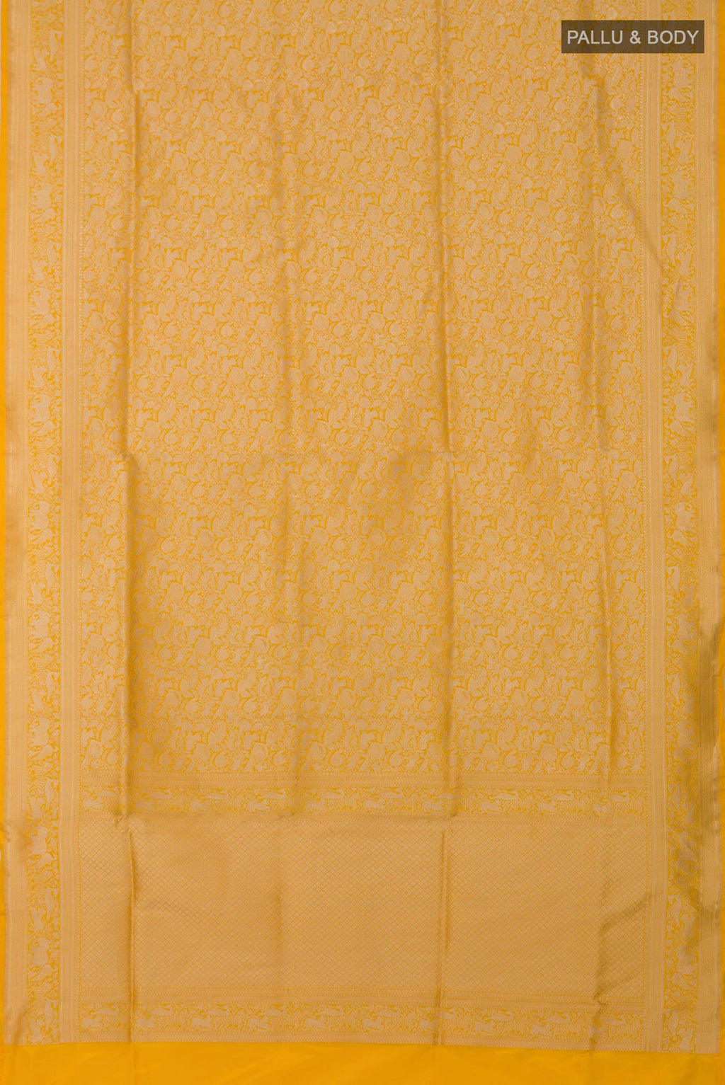 Flat view of Yellow Banarasi Saree with Zari Brocade on the body and Fancy Border. 