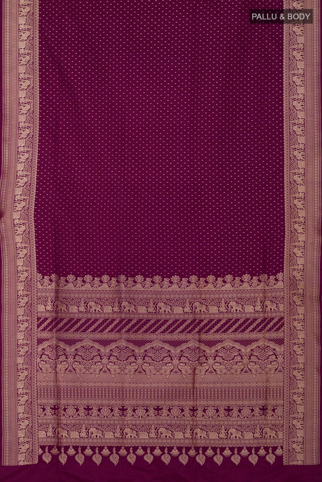 Flat view of Purple Banarasi Silk Saree with Zari Butta on the body and Zari Border. 