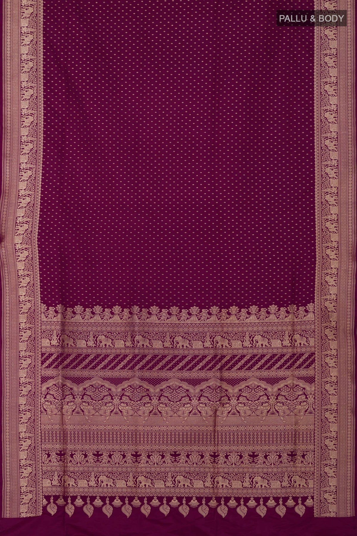 Flat view of Purple Banarasi Silk Saree with Zari Butta on the body and Zari Border. 