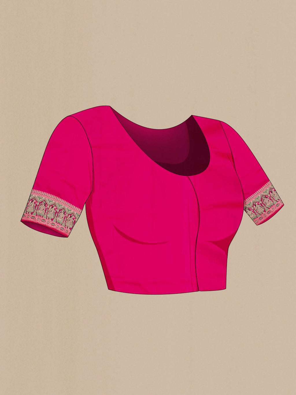 Close up image of the blouse of Pink Banarasi Silk Saree with Zari Brocade on the body and Fancy Border. 