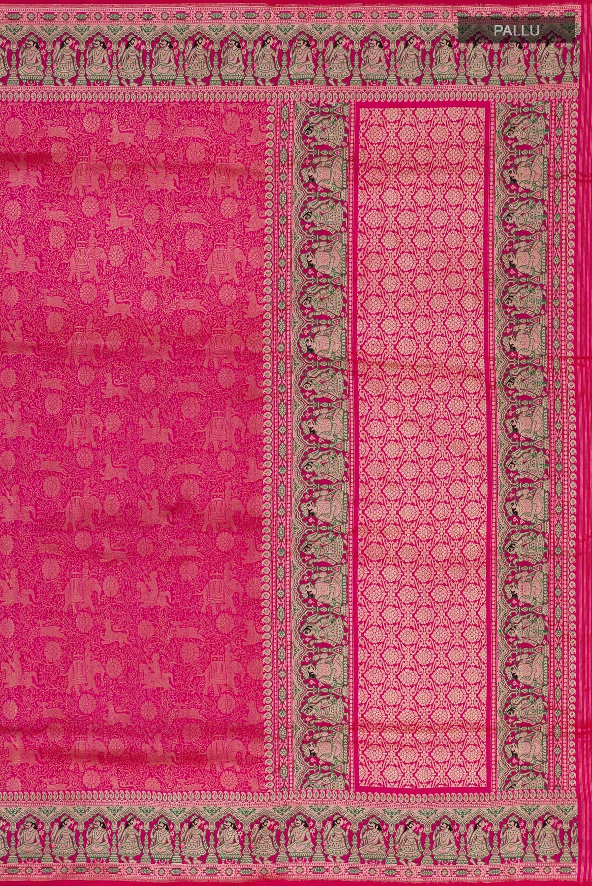 Close up image of the pallu of Pink Banarasi Silk Saree with Zari Brocade on the body and Fancy Border. 