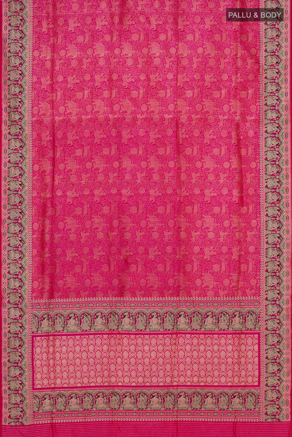 Flat view of Pink Banarasi Silk Saree with Zari Brocade on the body and Fancy Border. 