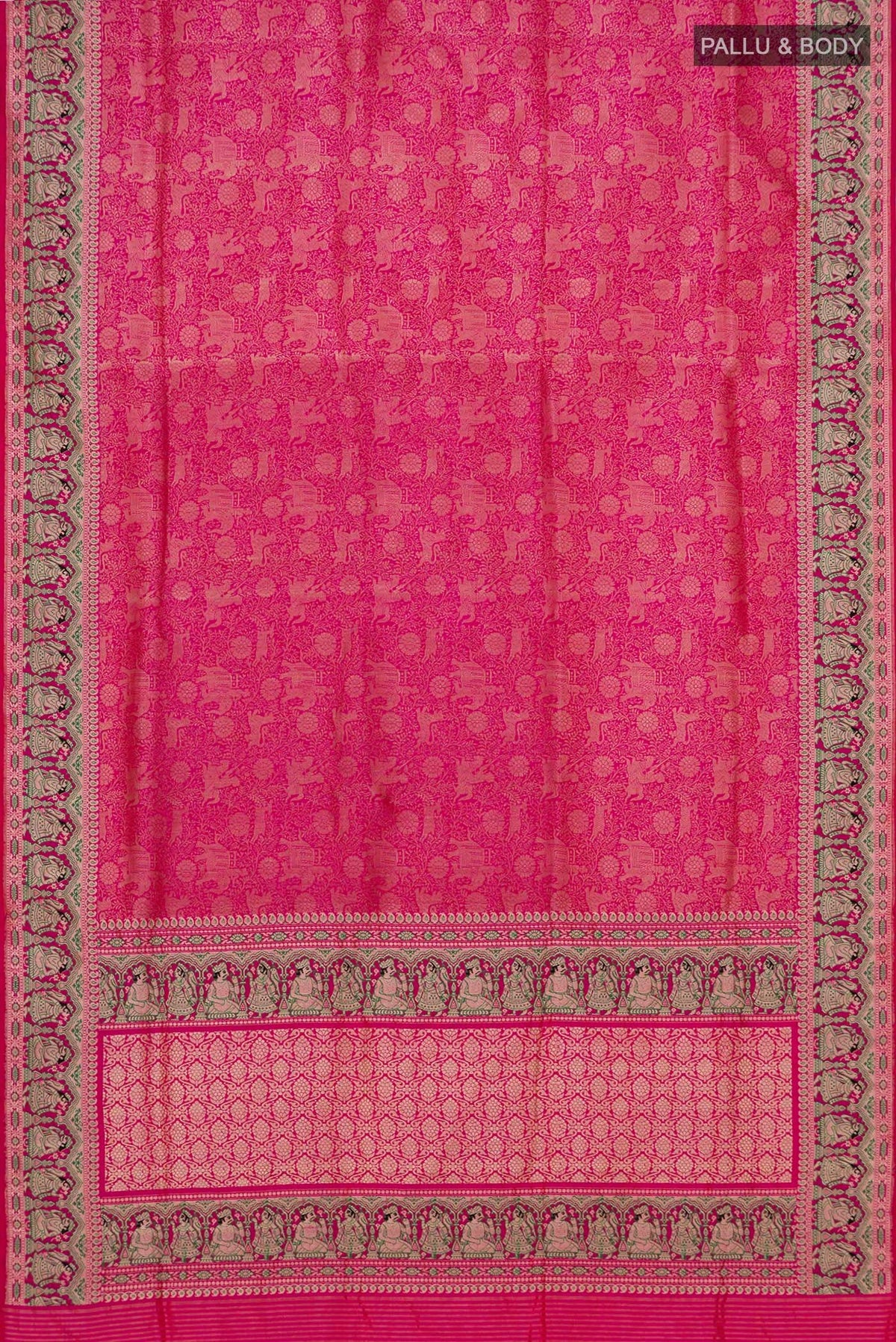 Flat view of Pink Banarasi Silk Saree with Zari Brocade on the body and Fancy Border. 