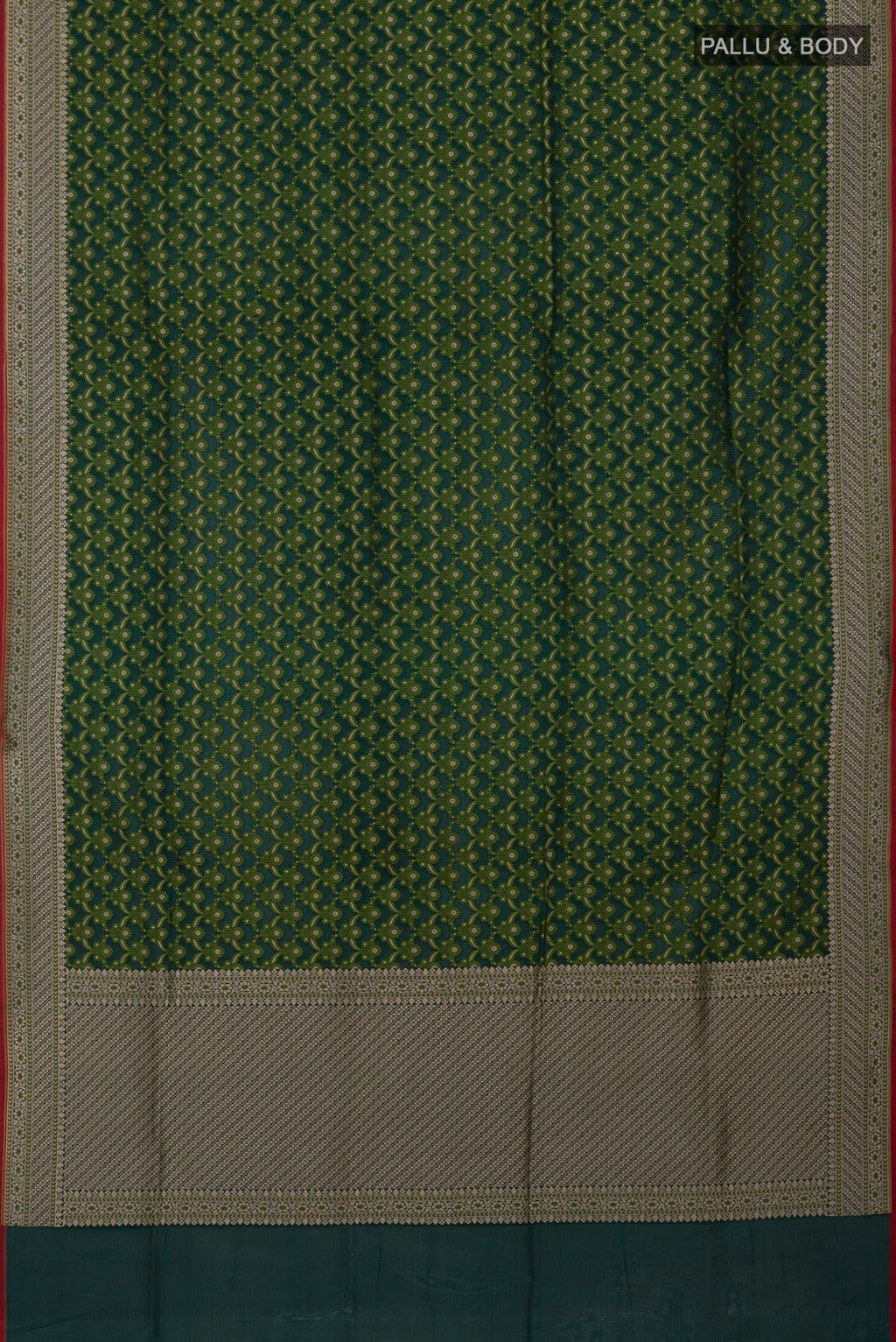 Flat view of Green Banarasi Saree with Fancy on the body and Fancy Border. 
