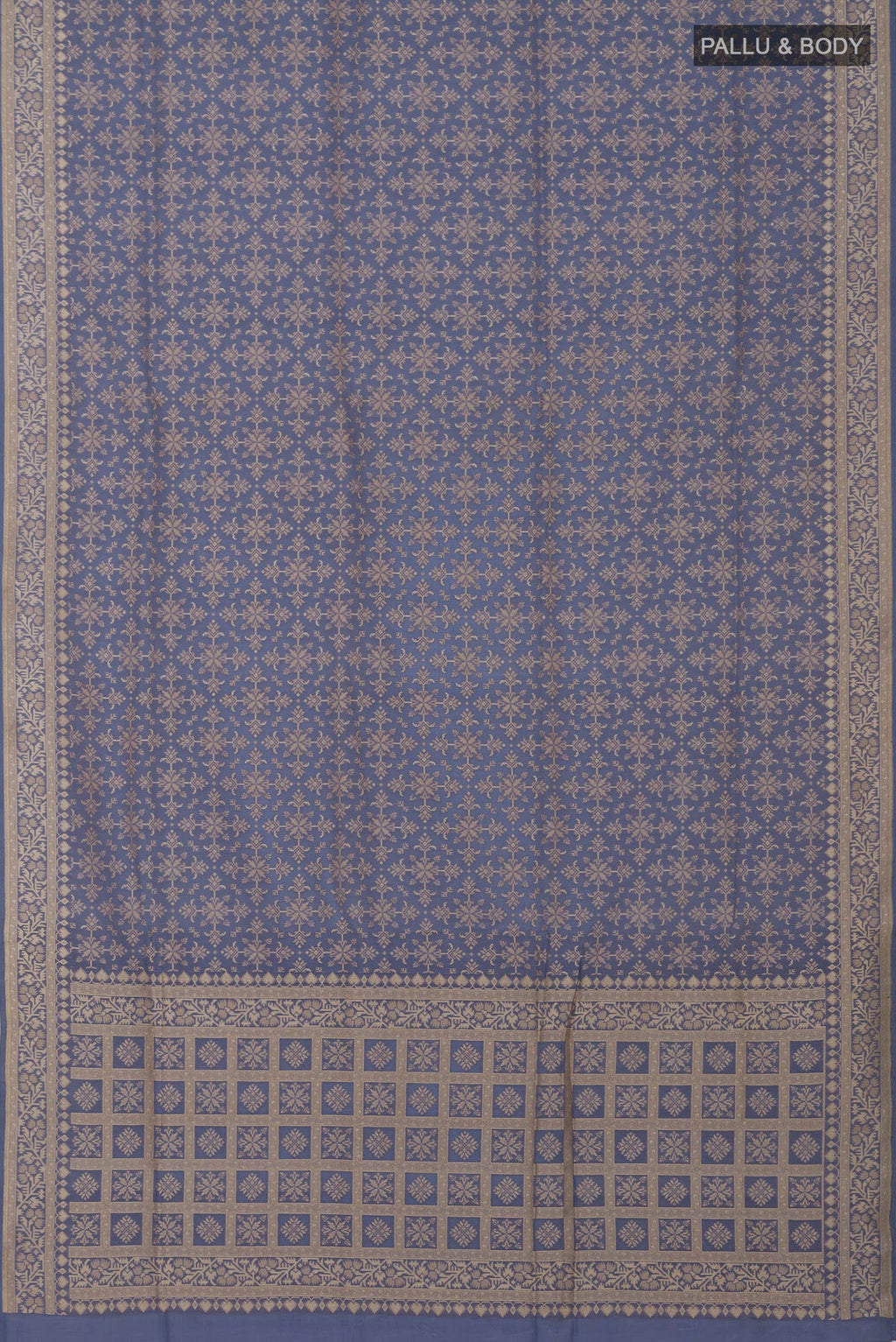 Flat view of Blue Grey Banarasi Saree with Fancy on the body and Fancy Border. 