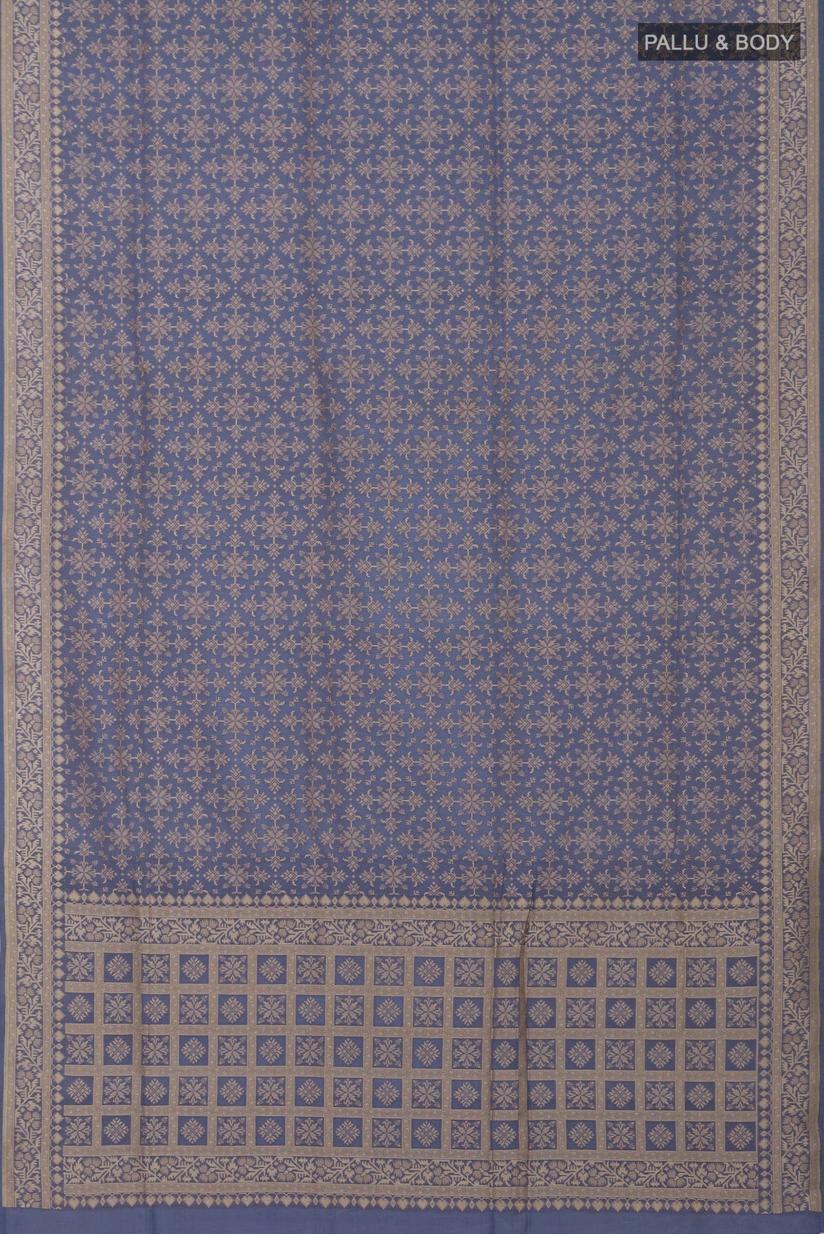 Flat view of Blue Grey Banarasi Saree with Fancy on the body and Fancy Border. 