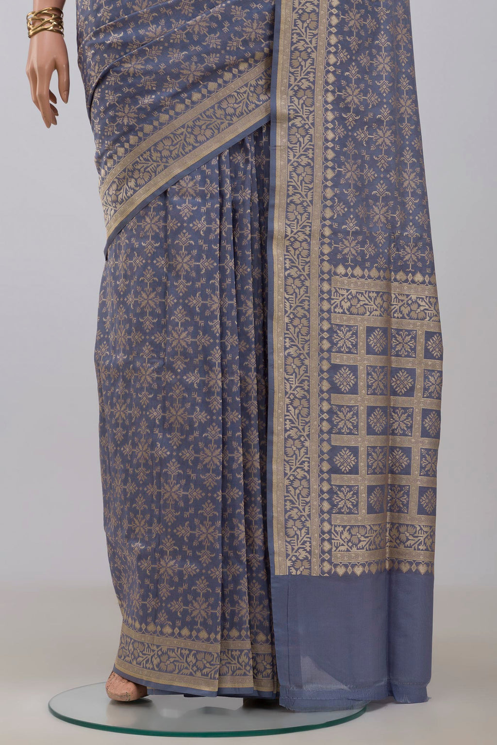 Pleats and pallu of Blue Grey Banarasi Saree with Fancy on the body and Fancy Border. 