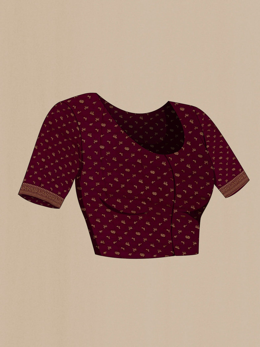 Close up image of the blouse of Brown Georgette Saree with Fancy on the body and Zari Border. 