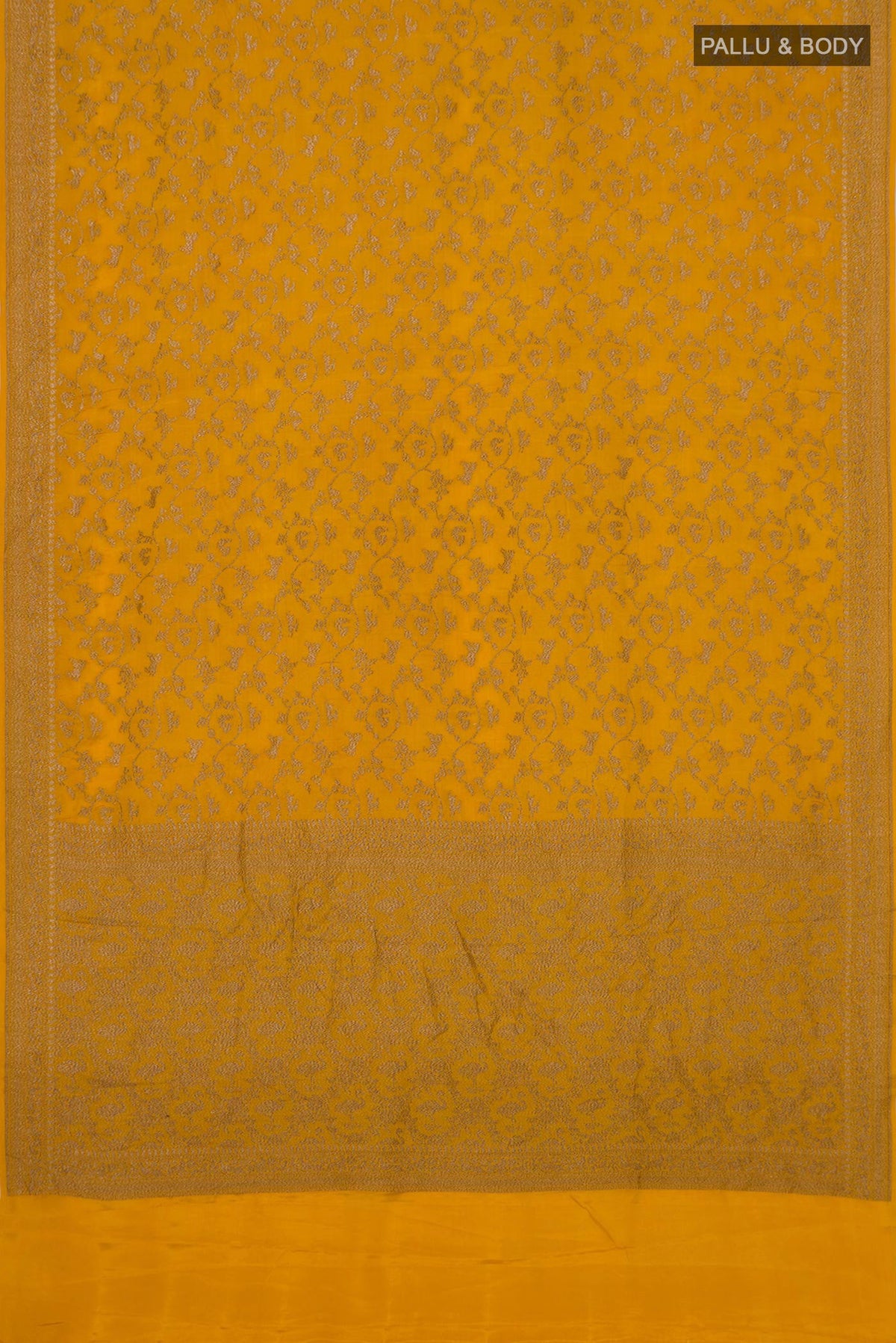 Flat view of Yellow Banarasi Georgette Saree with Zari Butta on the body and Zari Border. 