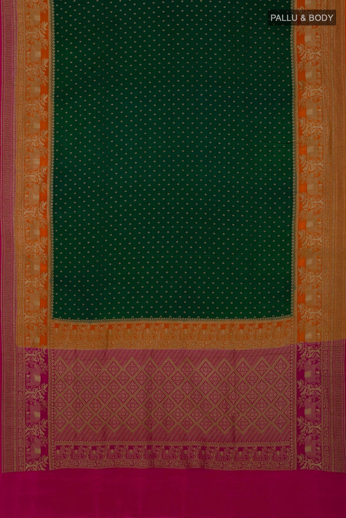 Flat view of Green Georgette Saree with Fancy on the body and Fancy Border. 