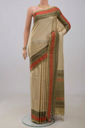 Cream Soft Silk Saree with Stripes on the body and Thread Border.  displayed on a mannequin