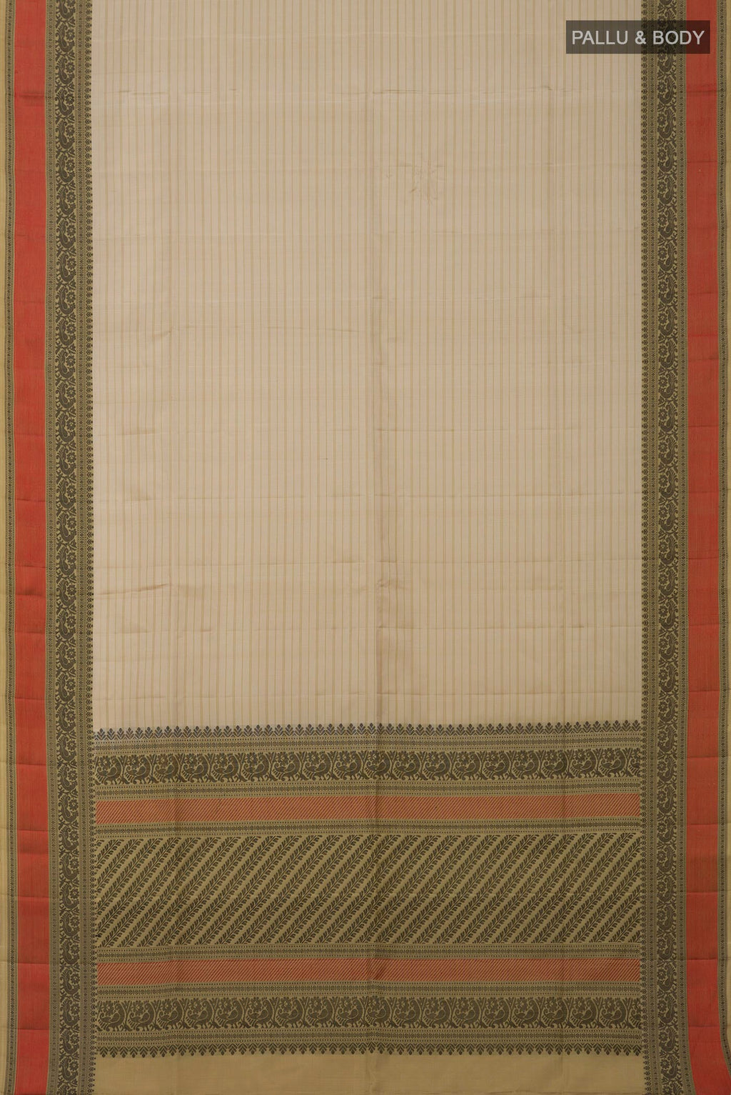 Flat view of Cream Soft Silk Saree with Stripes on the body and Thread Border. 