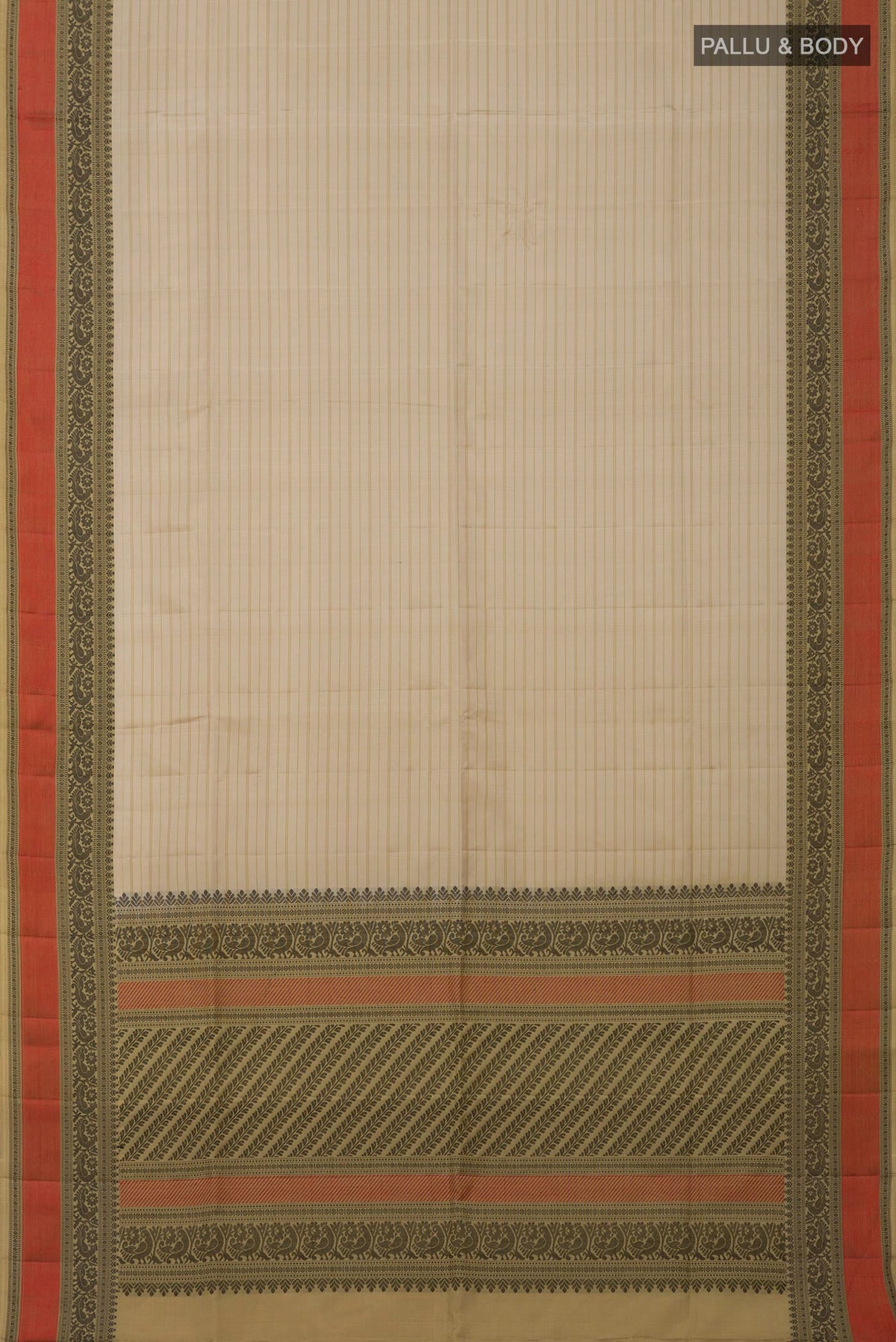 Flat view of Cream Soft Silk Saree with Stripes on the body and Thread Border. 