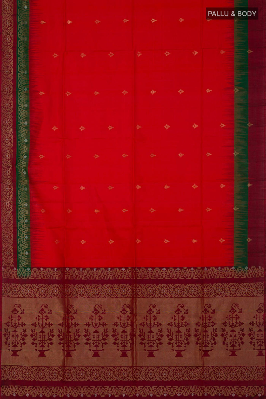 Flat view of Red Soft Silk Saree with Zari Butta on the body and Fancy Border. 