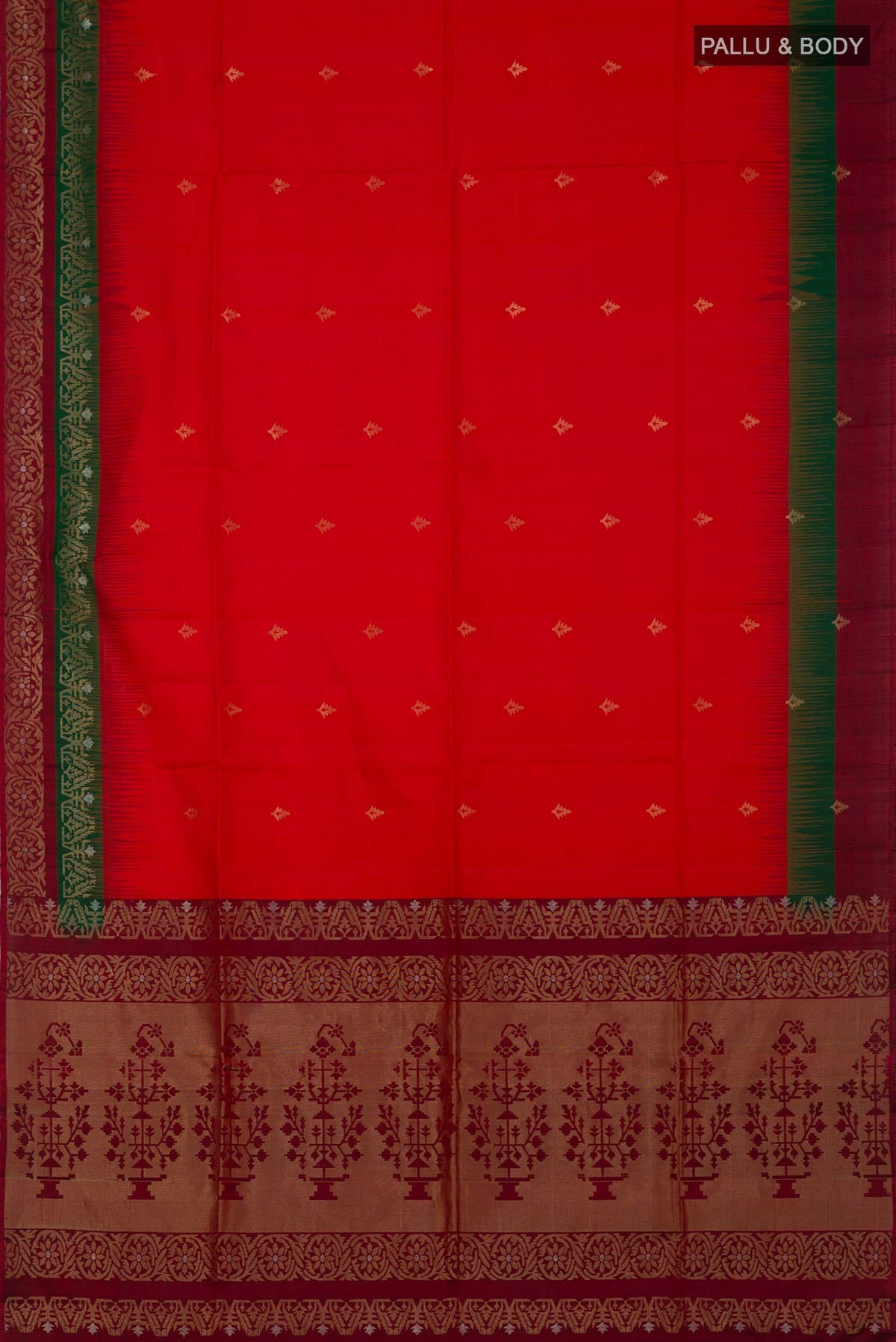 Flat view of Red Soft Silk Saree with Zari Butta on the body and Fancy Border. 