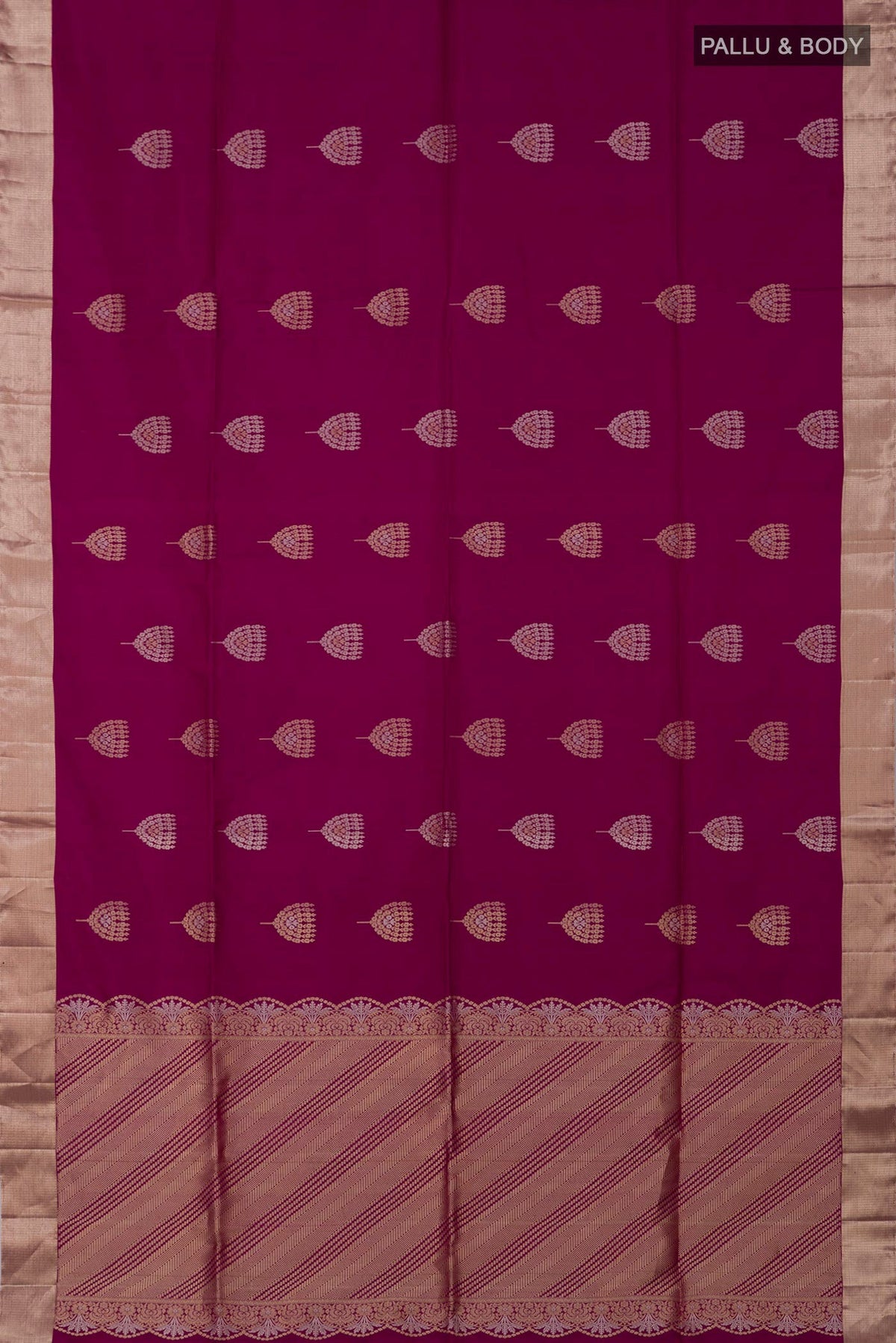Flat view of Purple Soft Silk Saree with Zari Butta on the body and Zari Border. 