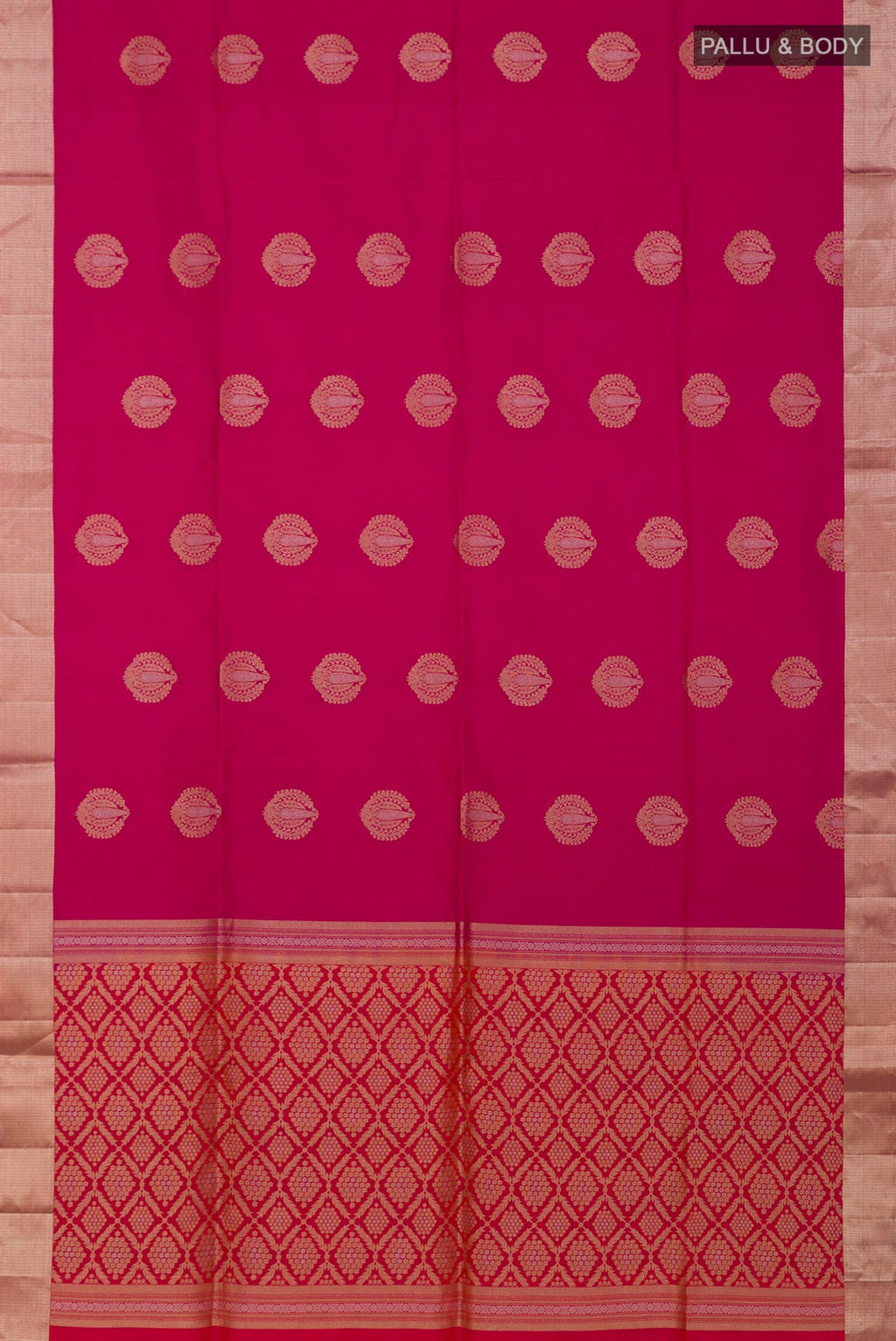 Flat view of Pink Soft Silk Saree with Zari Butta on the body and Zari Border. 