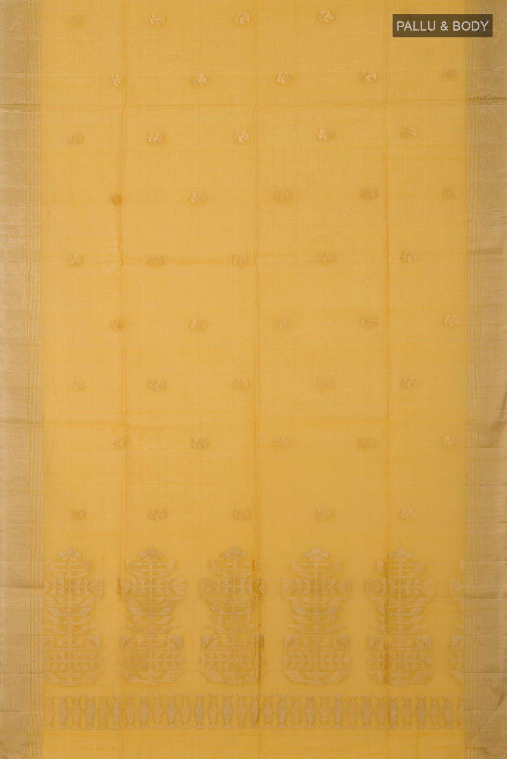 Flat view of Yellow Silk Cotton Saree with Zari Butta on the body and Zari Border. 