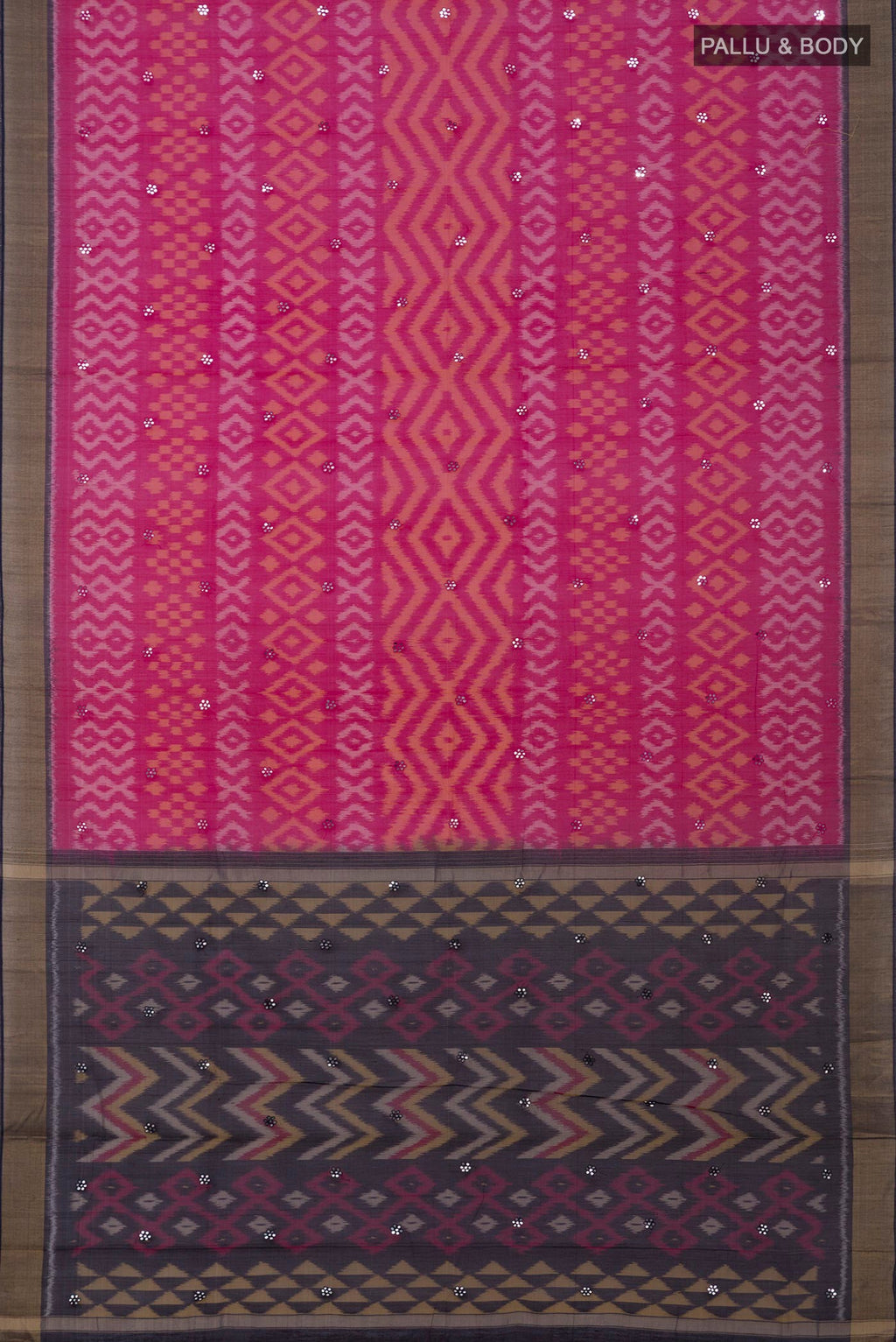 Flat view of Pink Silk Cotton Saree with Ikat Print on the body and Zari Border. 