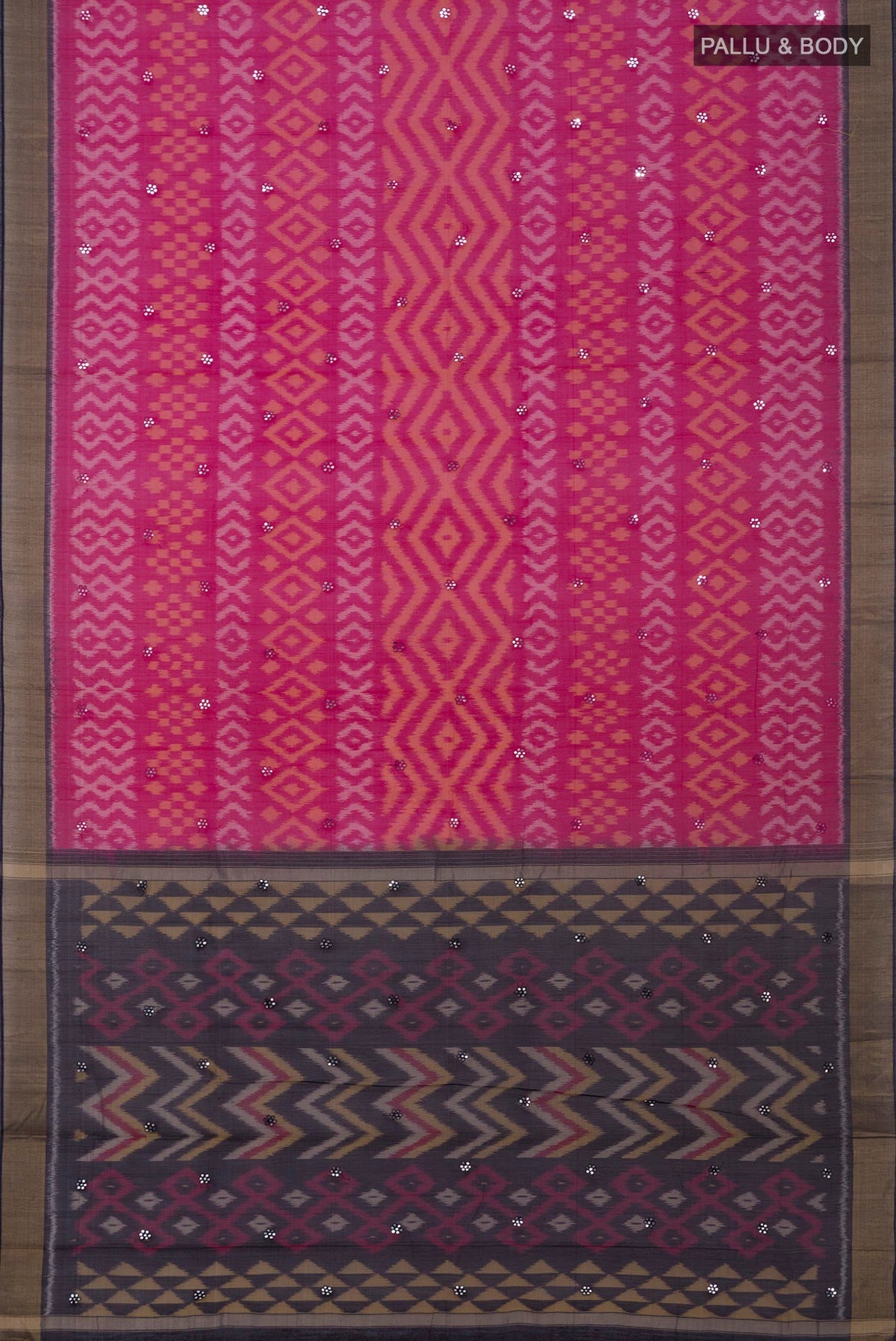 Flat view of Pink Silk Cotton Saree with Ikat Print on the body and Zari Border. 