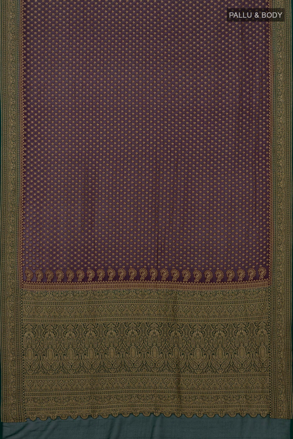 Flat view of Purple Banarasi Georgette Saree with Zari Butta on the body and Zari Border. 