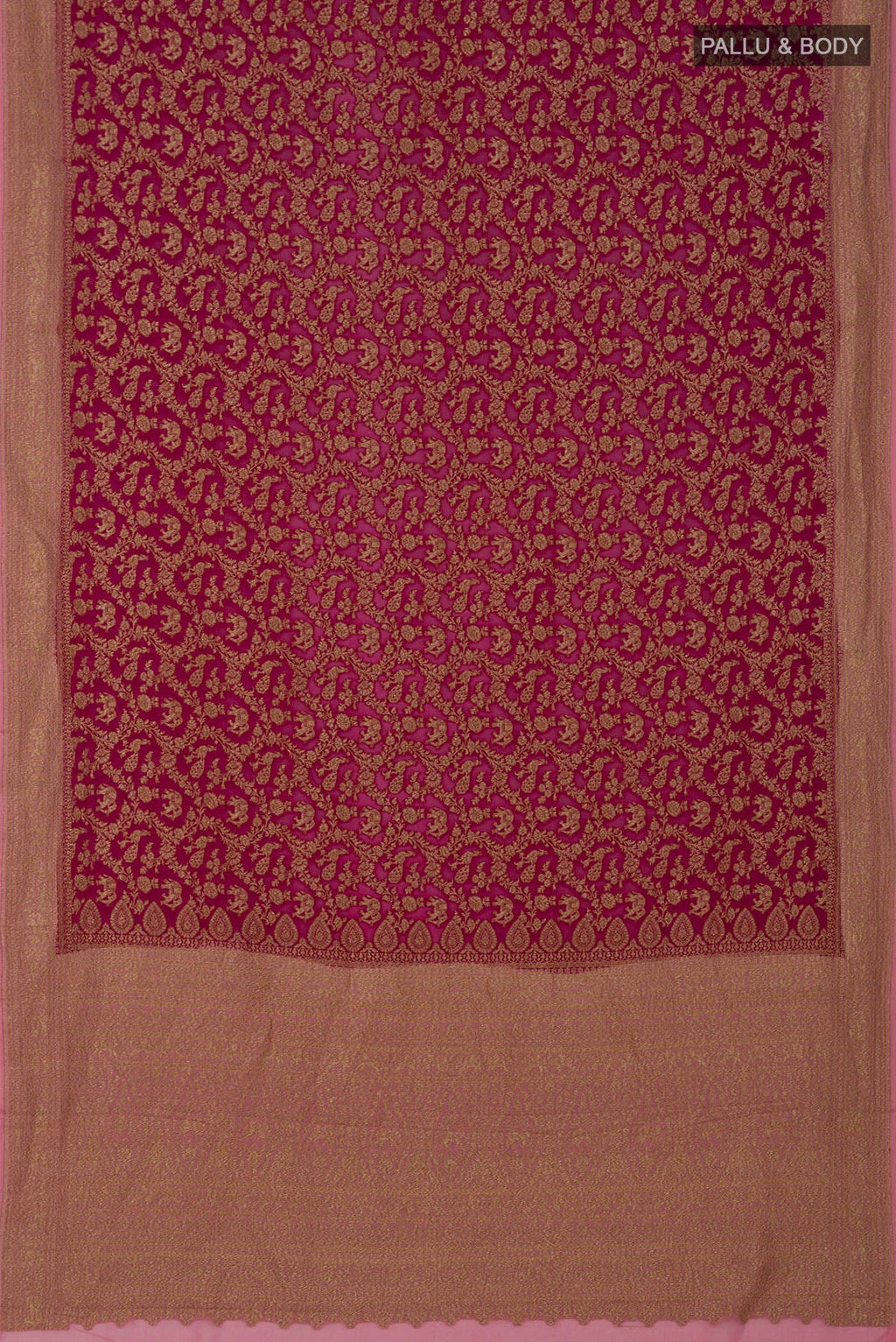 Flat view of Pink Georgette Saree with Fancy on the body and Zari Border. 