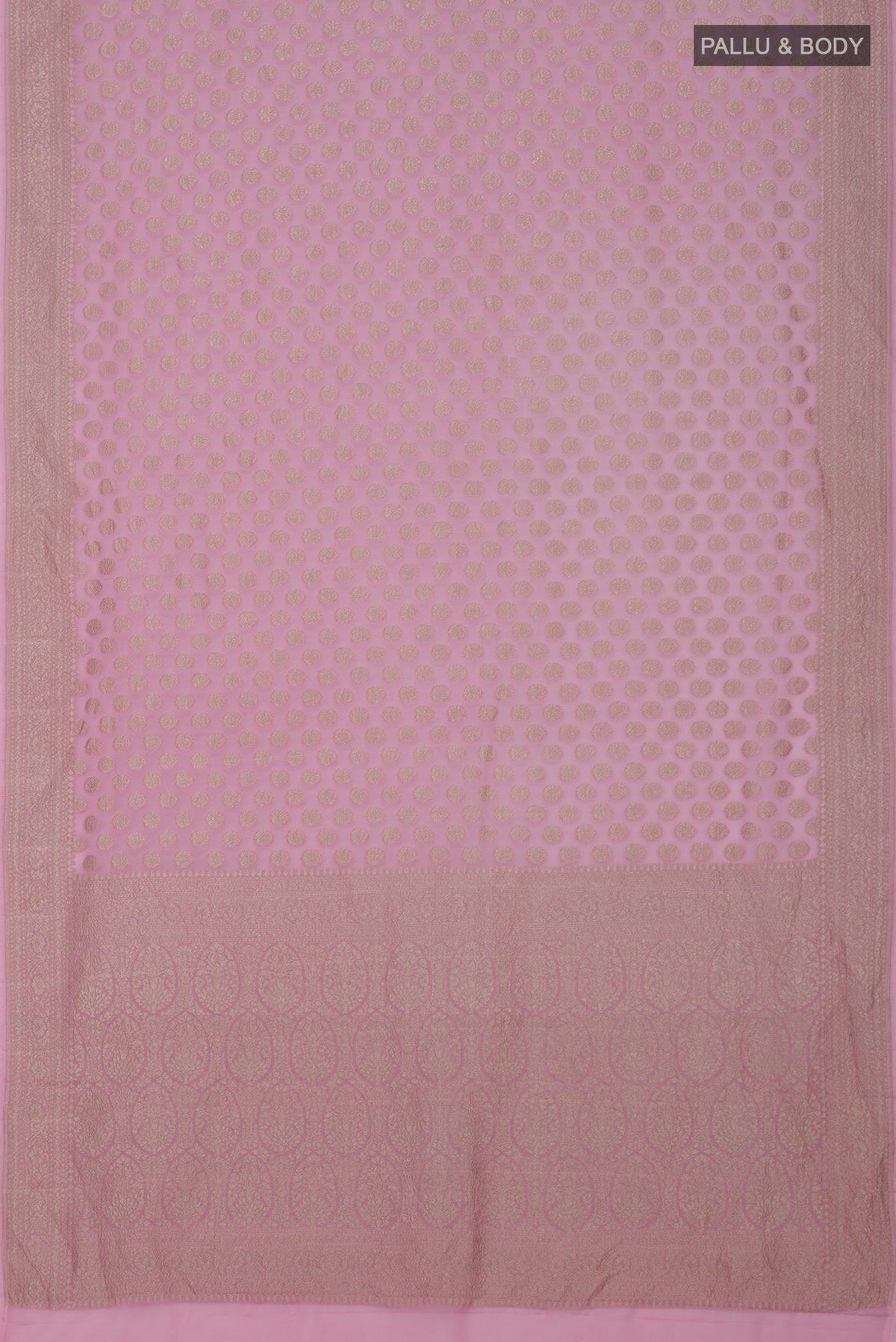 Flat view of Pink Georgette Saree with Fancy on the body and Zari Border. 