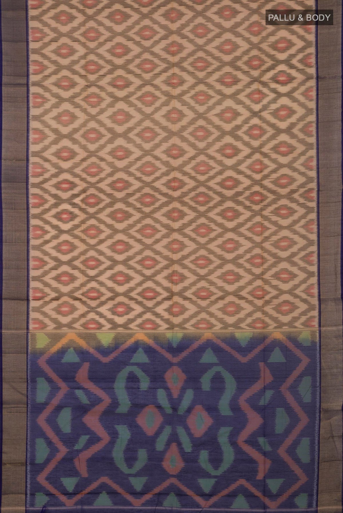 Flat view of Cream Silk Cotton Saree with Ikat Print on the body and Zari Border. 