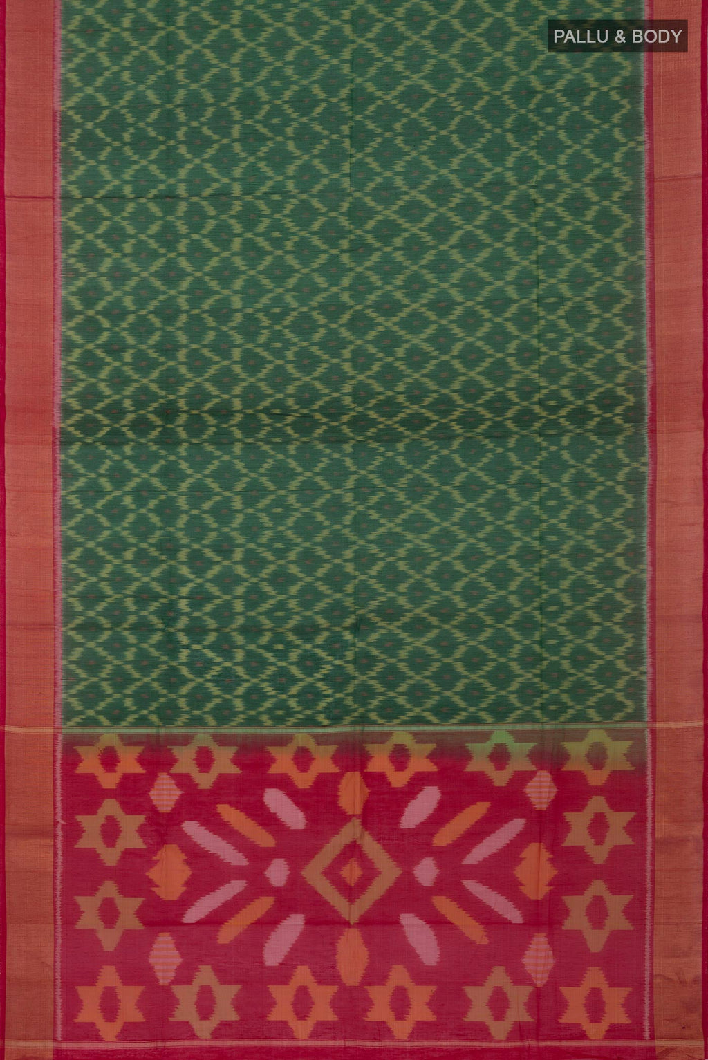 Flat view of Green Silk Cotton Saree with Ikat Print on the body and Zari Border. 