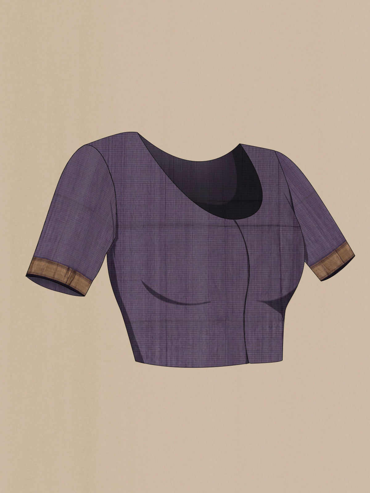 Close up image of the blouse of Purple Maheshwari Silk Cotton Saree with Stripes on the body and Zari Border. 