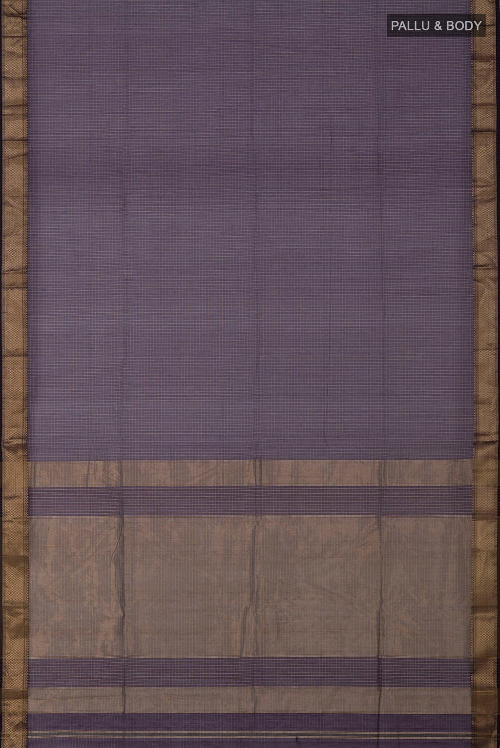 Flat view of Purple Maheshwari Silk Cotton Saree with Stripes on the body and Zari Border. 