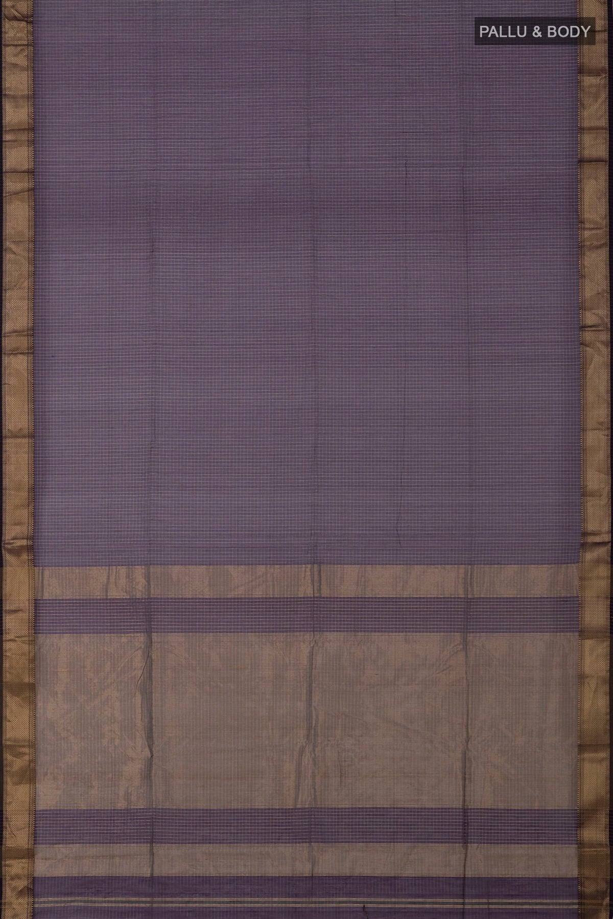 Flat view of Purple Maheshwari Silk Cotton Saree with Stripes on the body and Zari Border. 