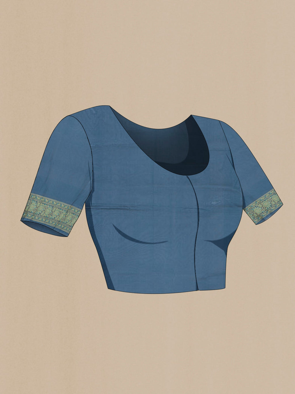Close up image of the blouse of Blue Grey Banarasi Silk Saree with Zari And Thread Butta on the body and Zari Border. 