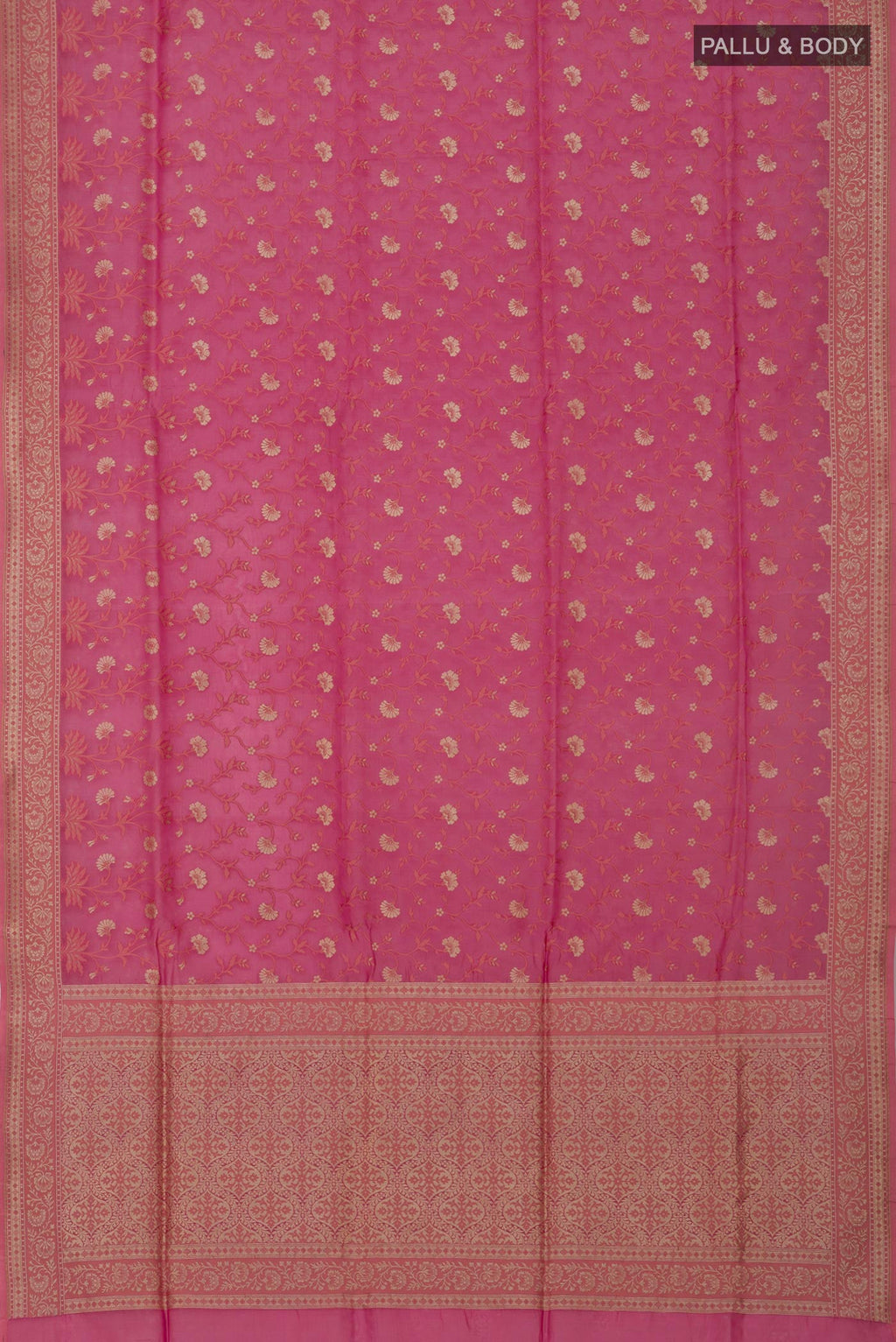 Flat view of Pink Banarasi Saree with Fancy on the body and Fancy Border. 