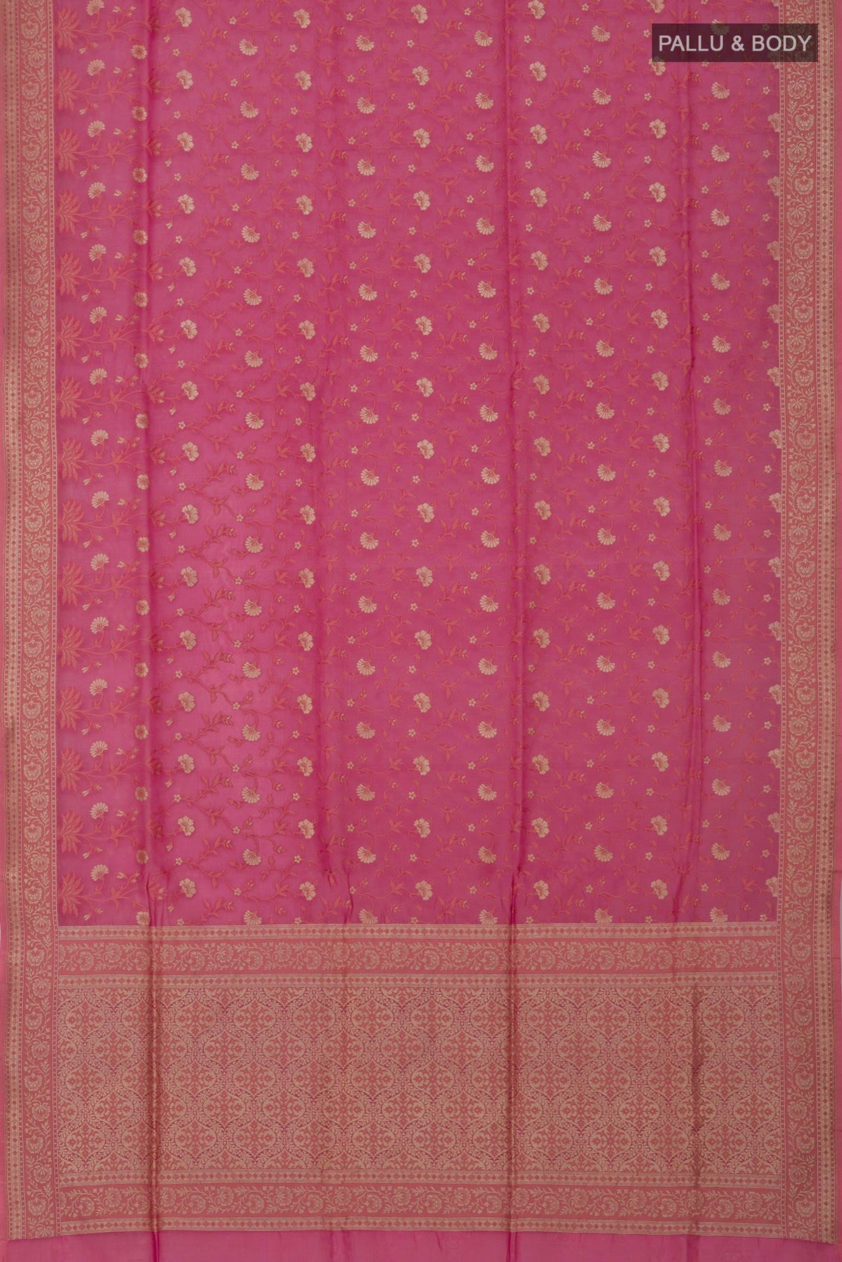 Flat view of Pink Banarasi Saree with Fancy on the body and Fancy Border. 